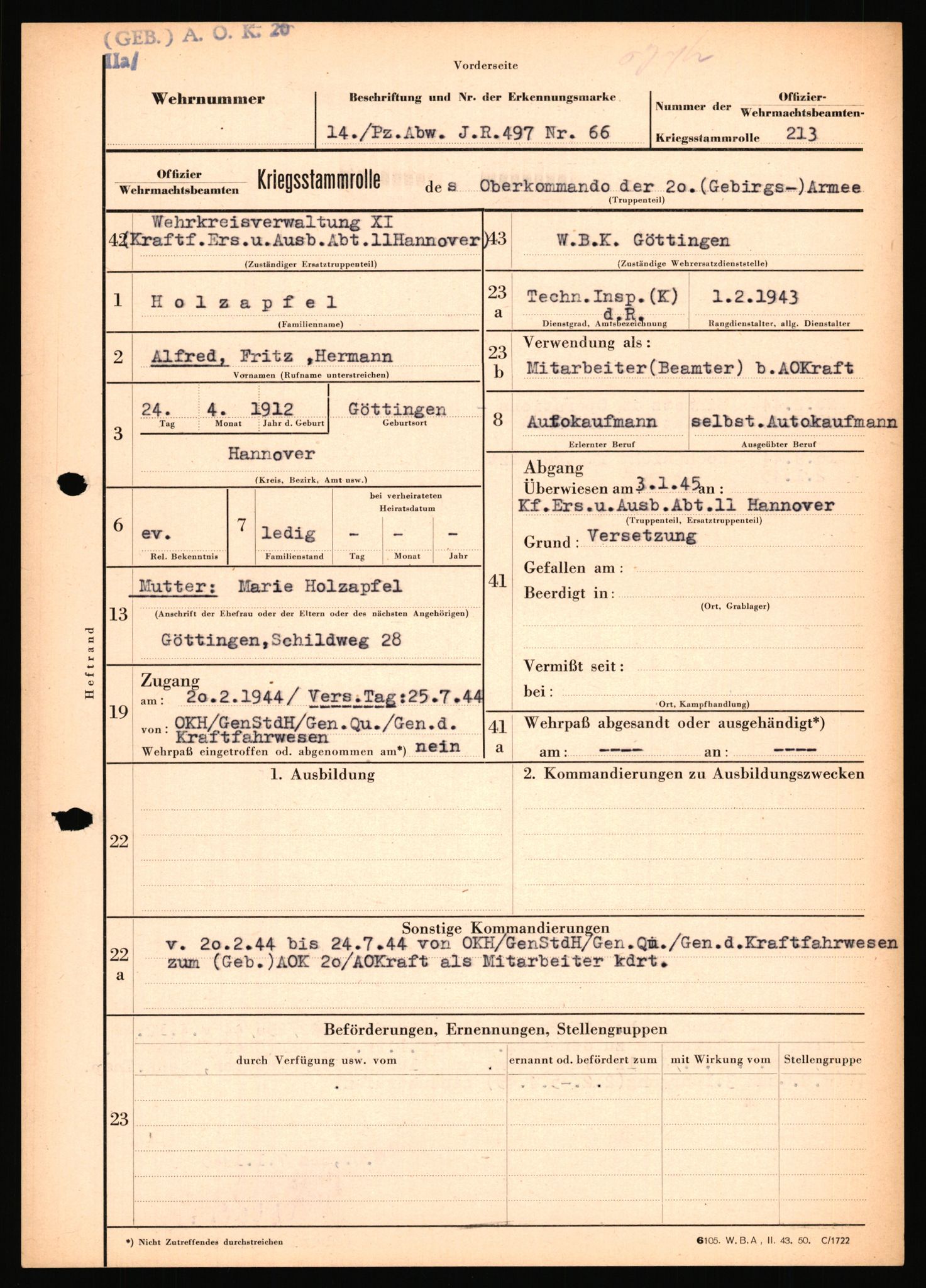 Forsvarets Overkommando. 2 kontor. Arkiv 11.4. Spredte tyske arkivsaker, AV/RA-RAFA-7031/D/Dar/Dara/L0018: Personalbøker, 1940-1945, p. 685