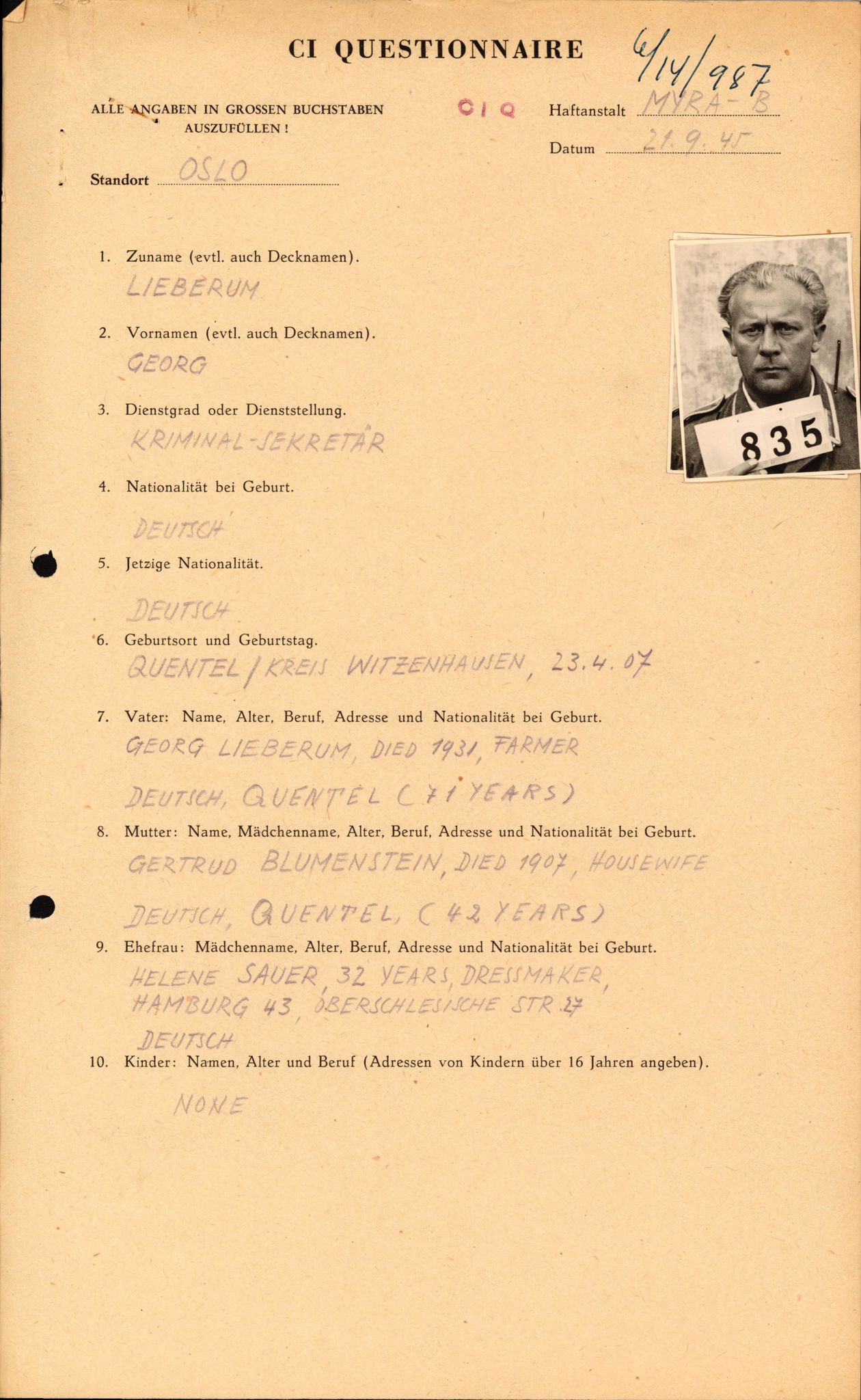 Forsvaret, Forsvarets overkommando II, AV/RA-RAFA-3915/D/Db/L0020: CI Questionaires. Tyske okkupasjonsstyrker i Norge. Tyskere., 1945-1946, p. 140