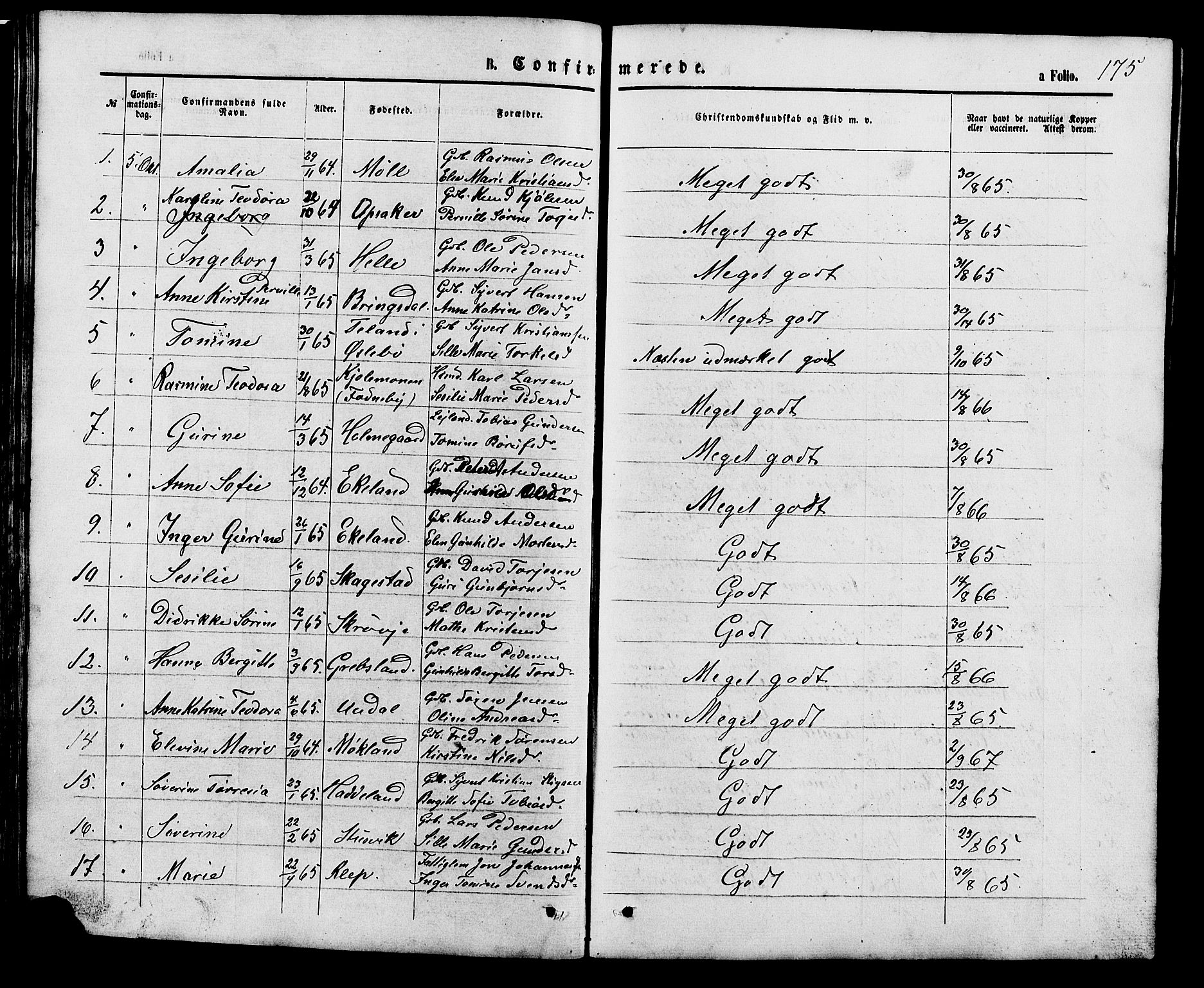 Holum sokneprestkontor, SAK/1111-0022/F/Fb/Fba/L0004: Parish register (copy) no. B 4, 1867-1890, p. 175