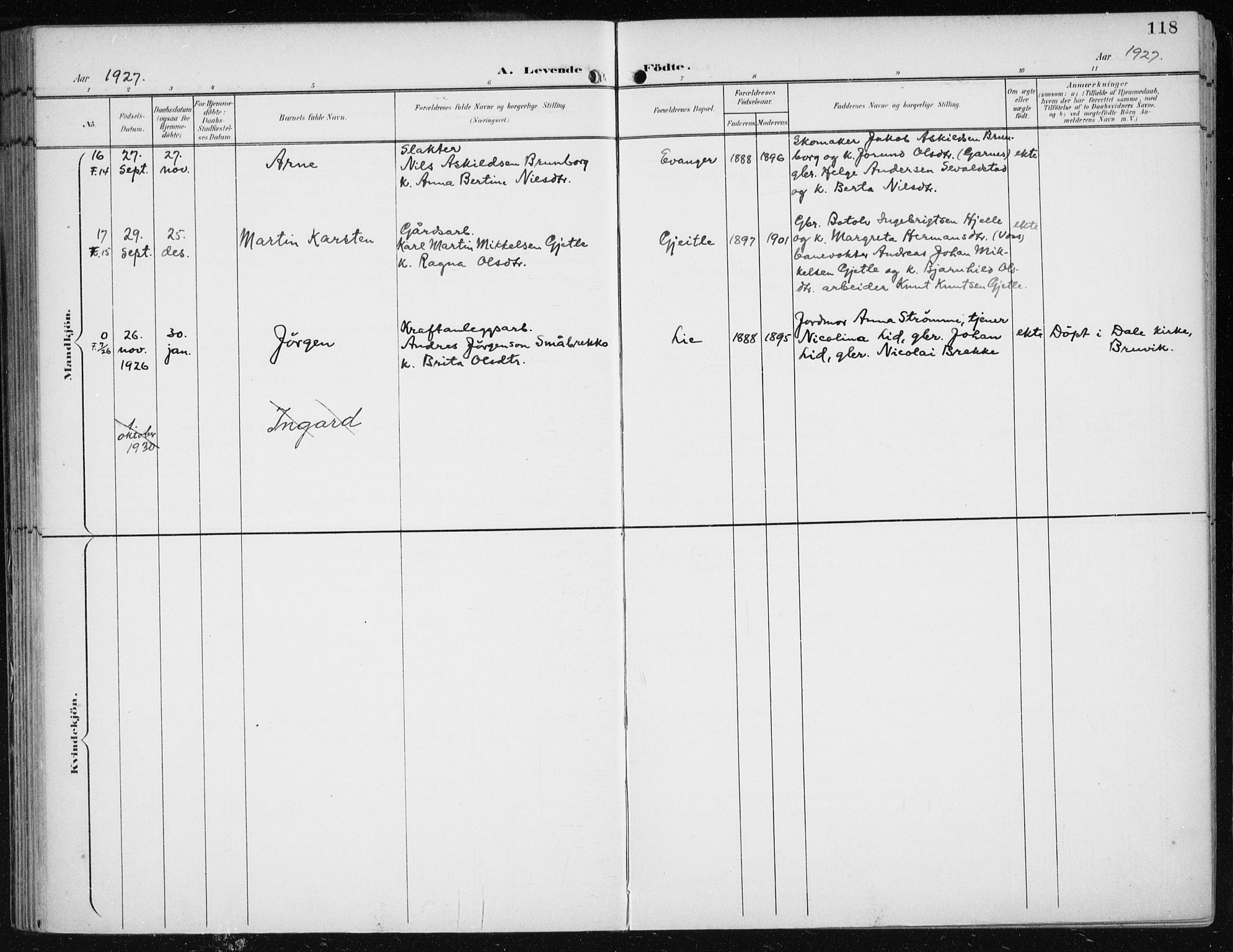 Evanger sokneprestembete, AV/SAB-A-99924: Parish register (official) no. A  3, 1900-1930, p. 118