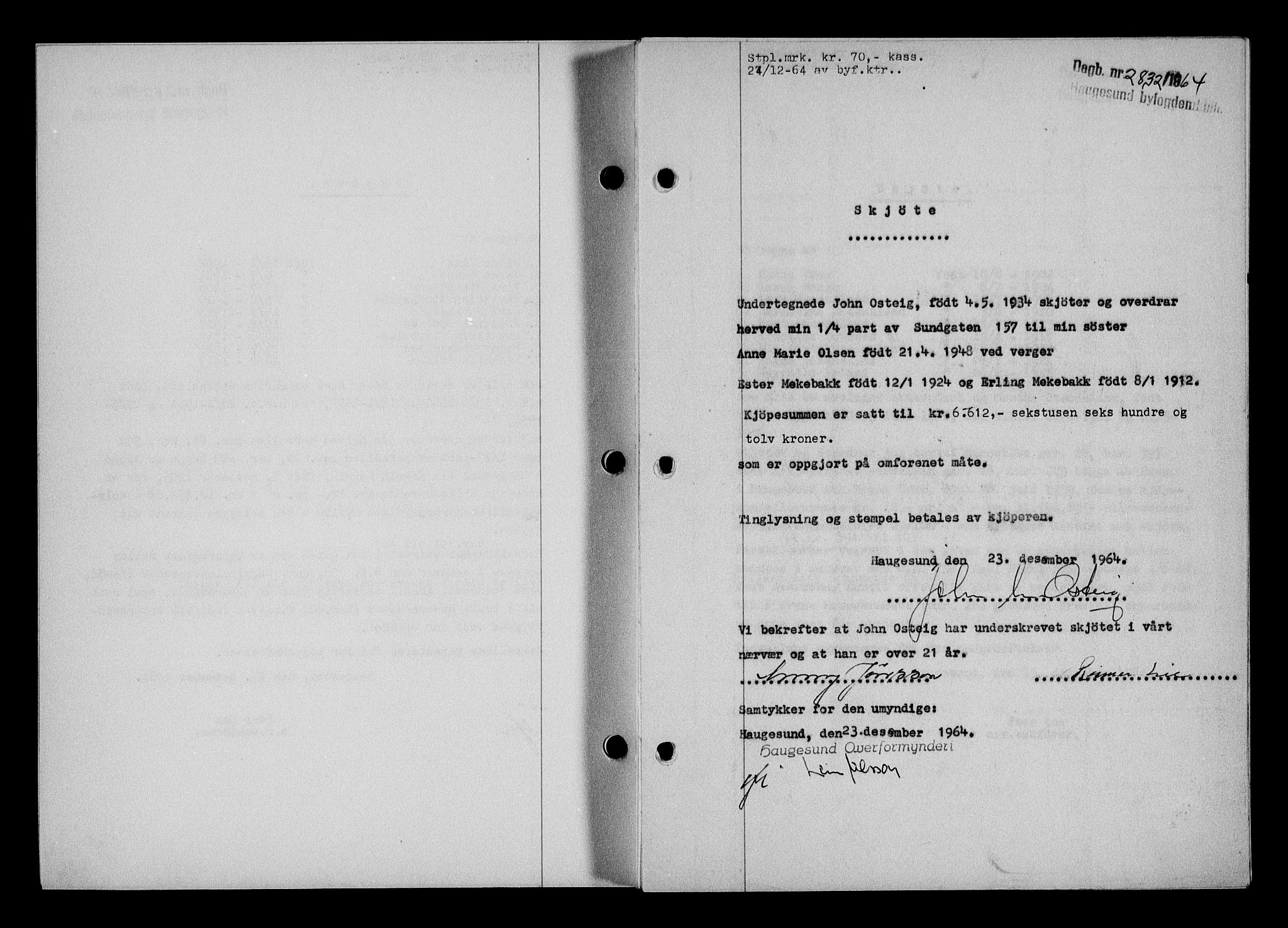 Haugesund tingrett, SAST/A-101415/01/II/IIC/L0075: Mortgage book no. A 16, 1964-1965, Diary no: : 2832/1964