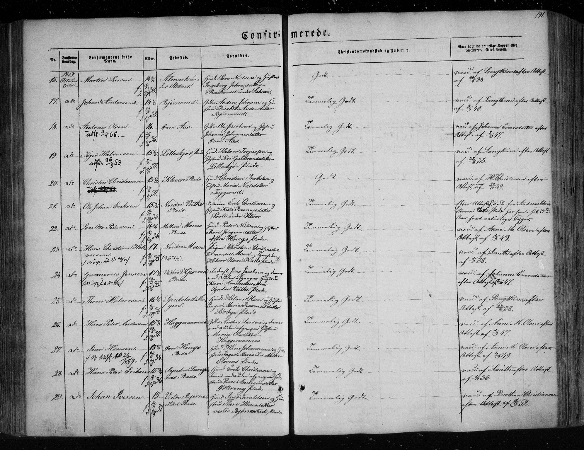 Eidsberg prestekontor Kirkebøker, SAO/A-10905/F/Fa/L0009: Parish register (official) no. I 9, 1849-1856, p. 191