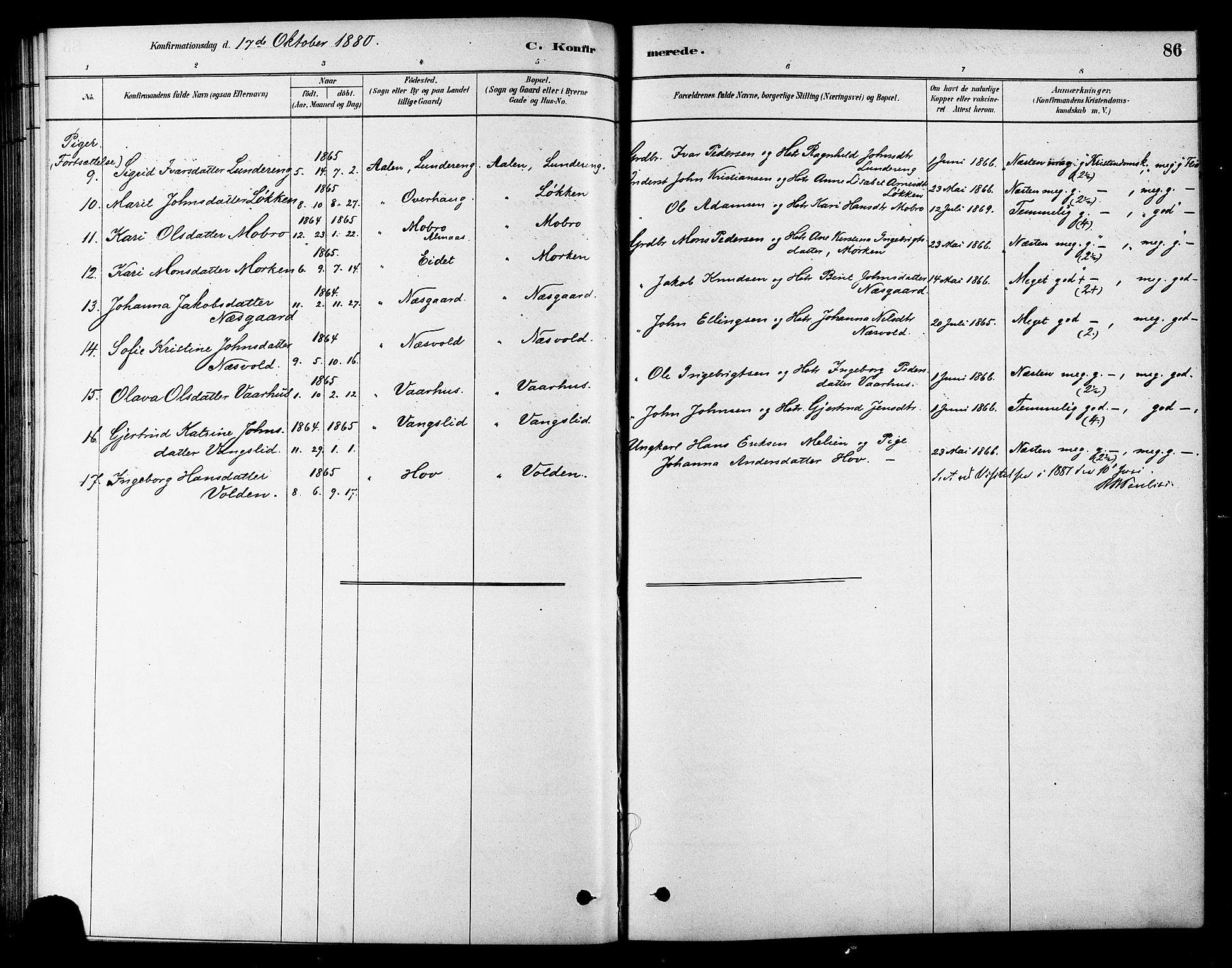 Ministerialprotokoller, klokkerbøker og fødselsregistre - Sør-Trøndelag, SAT/A-1456/686/L0983: Parish register (official) no. 686A01, 1879-1890, p. 86