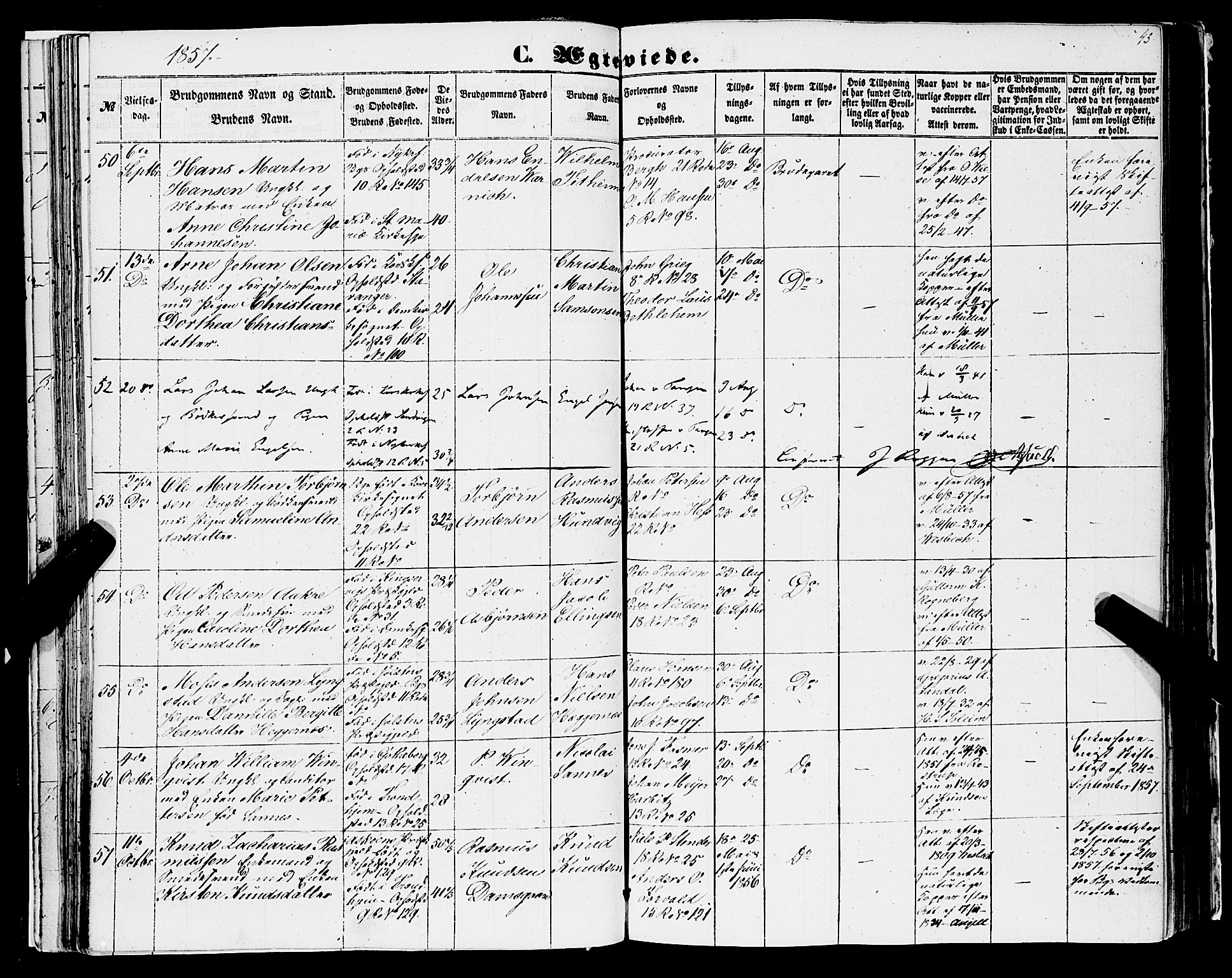 Domkirken sokneprestembete, AV/SAB-A-74801/H/Haa/L0034: Parish register (official) no. D 2, 1853-1874, p. 43