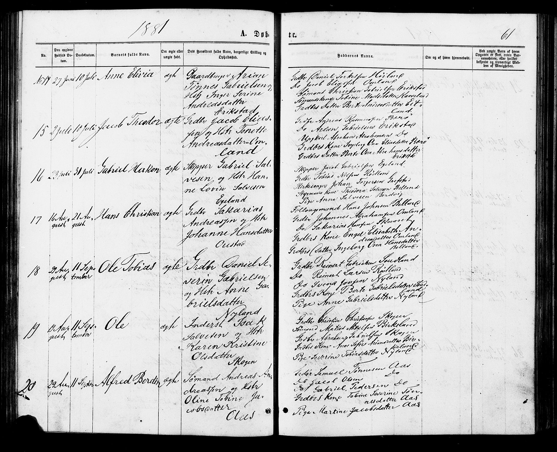 Lyngdal sokneprestkontor, AV/SAK-1111-0029/F/Fa/Faa/L0003: Parish register (official) no. A 3, 1871-1882, p. 61