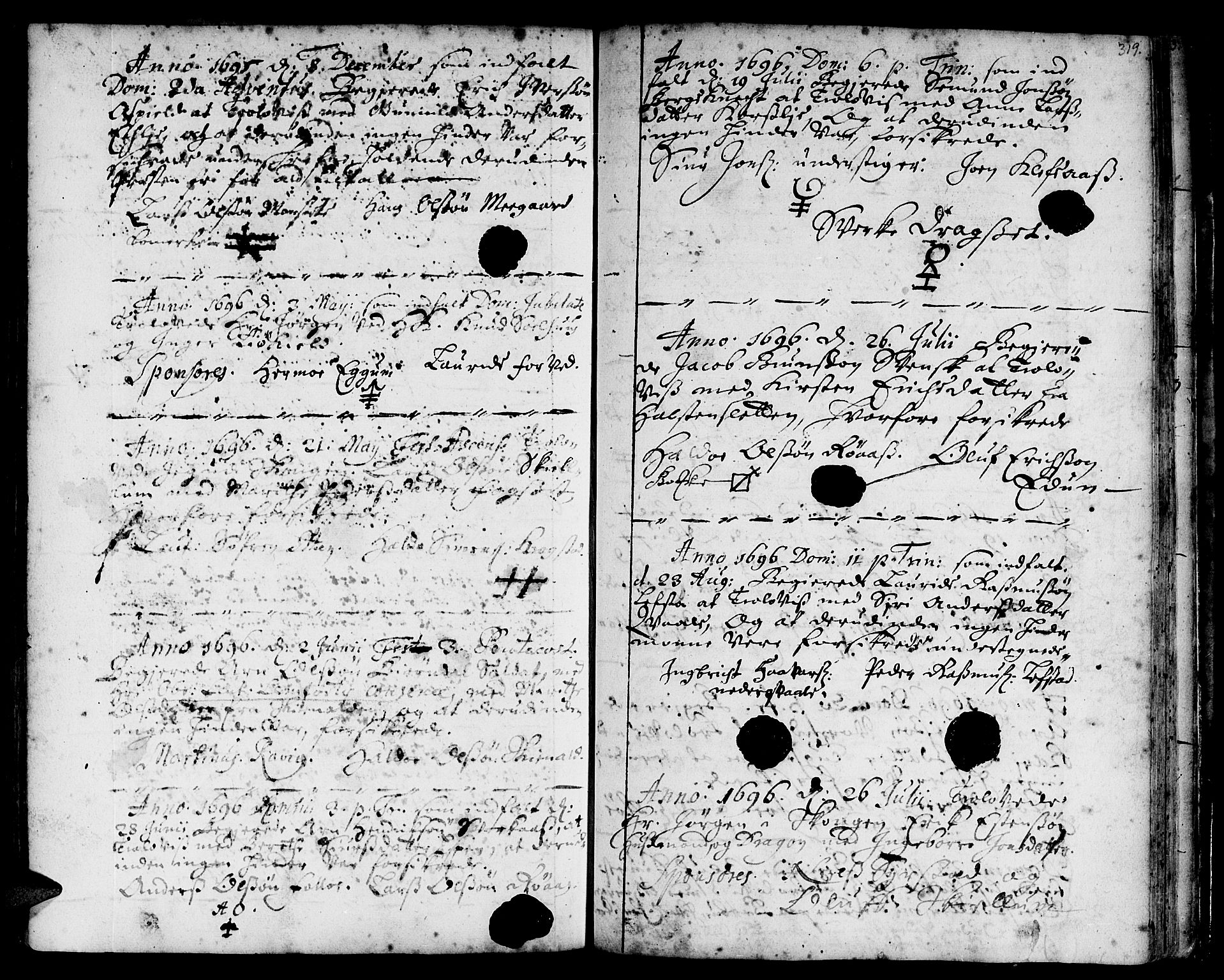 Ministerialprotokoller, klokkerbøker og fødselsregistre - Sør-Trøndelag, SAT/A-1456/668/L0801: Parish register (official) no. 668A01, 1695-1716, p. 318-319