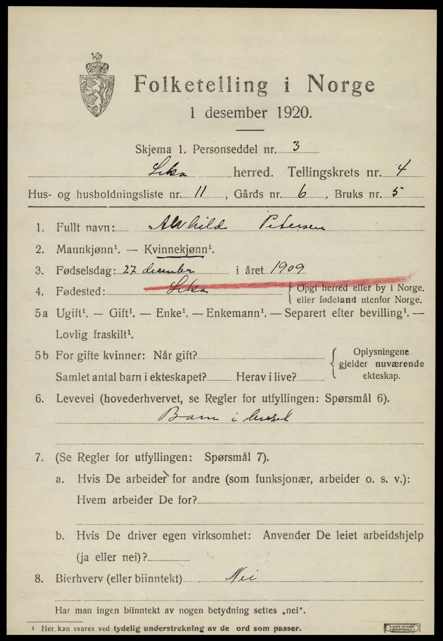 SAT, 1920 census for Leka, 1920, p. 1729