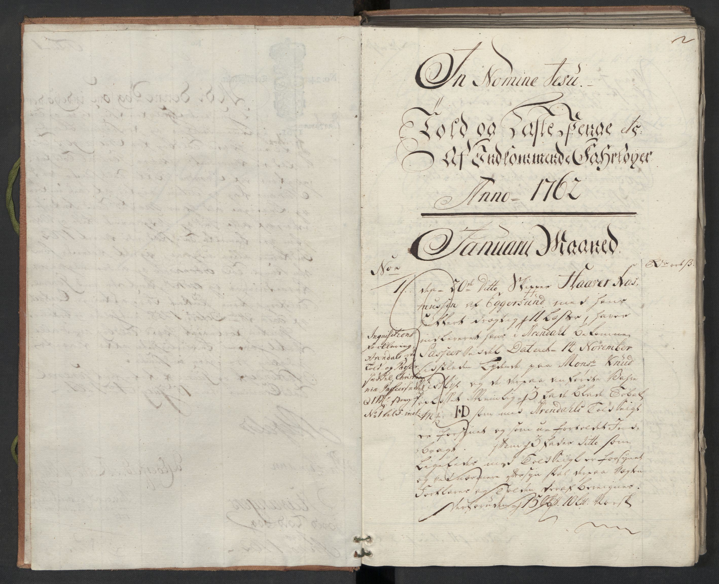 Generaltollkammeret, tollregnskaper, AV/RA-EA-5490/R22/L0024/0001: Tollregnskaper Stavanger / Hovedtollbok, 1762, p. 1b-2a