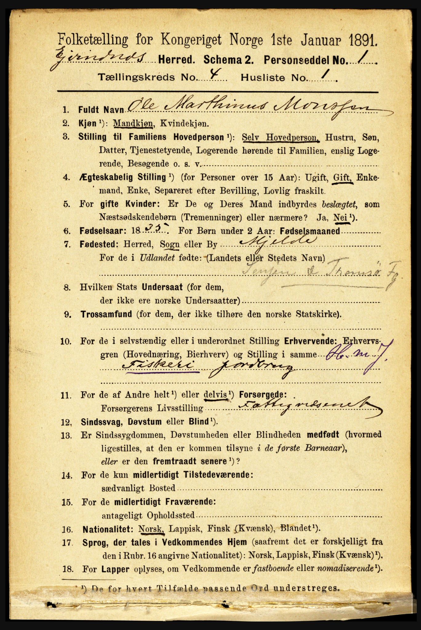 RA, 1891 census for 1853 Evenes, 1891, p. 1226