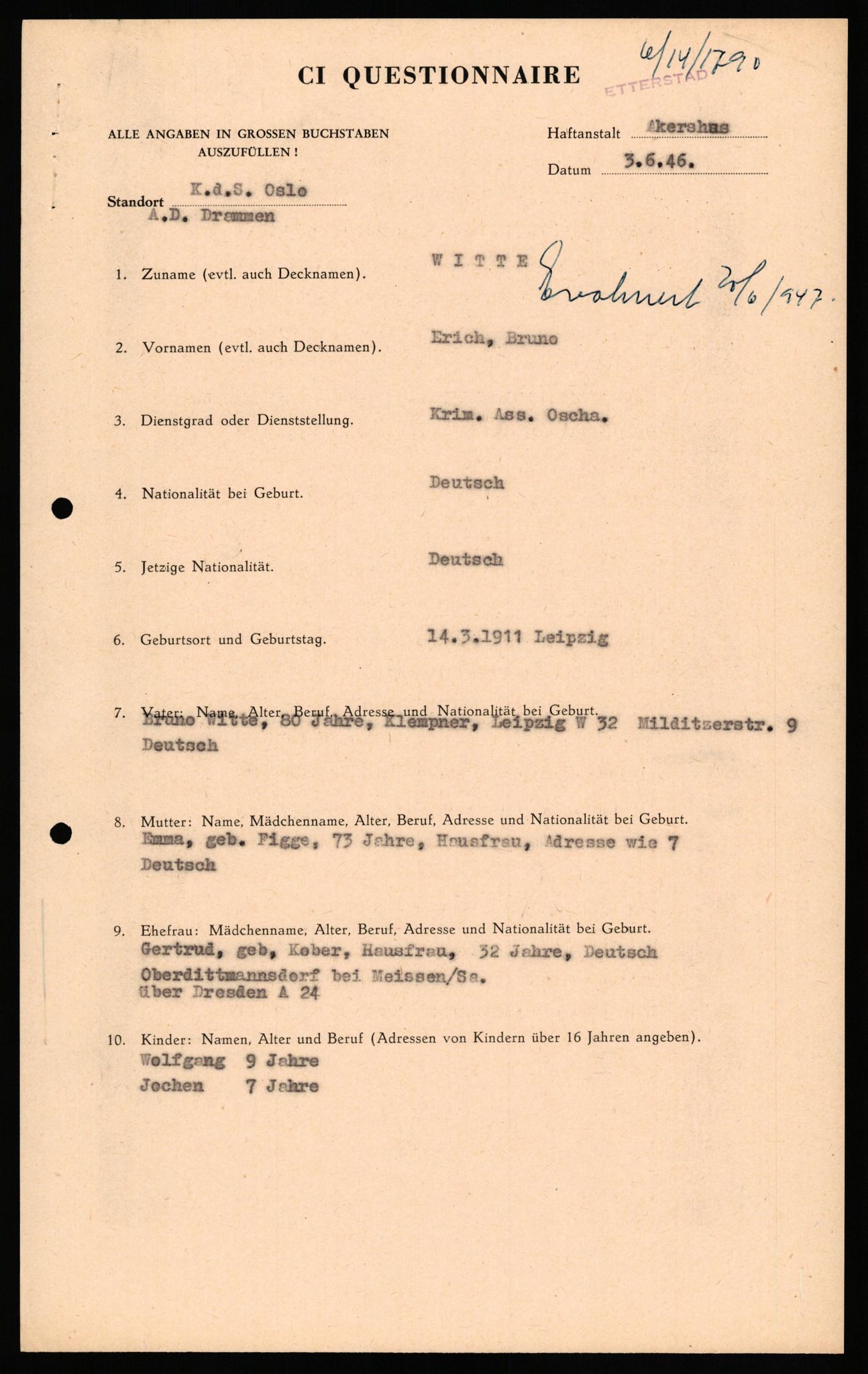 Forsvaret, Forsvarets overkommando II, AV/RA-RAFA-3915/D/Db/L0036: CI Questionaires. Tyske okkupasjonsstyrker i Norge. Tyskere., 1945-1946, p. 344