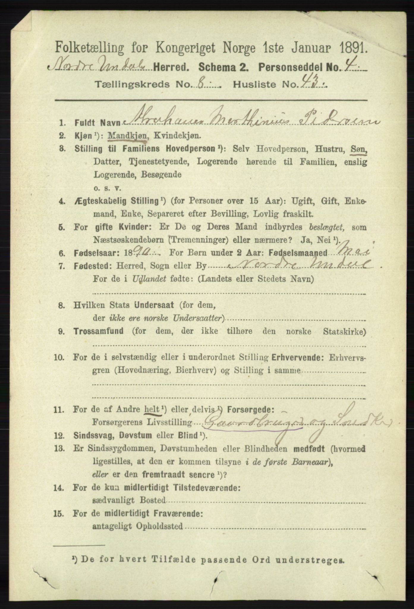 RA, 1891 census for 1028 Nord-Audnedal, 1891, p. 2295