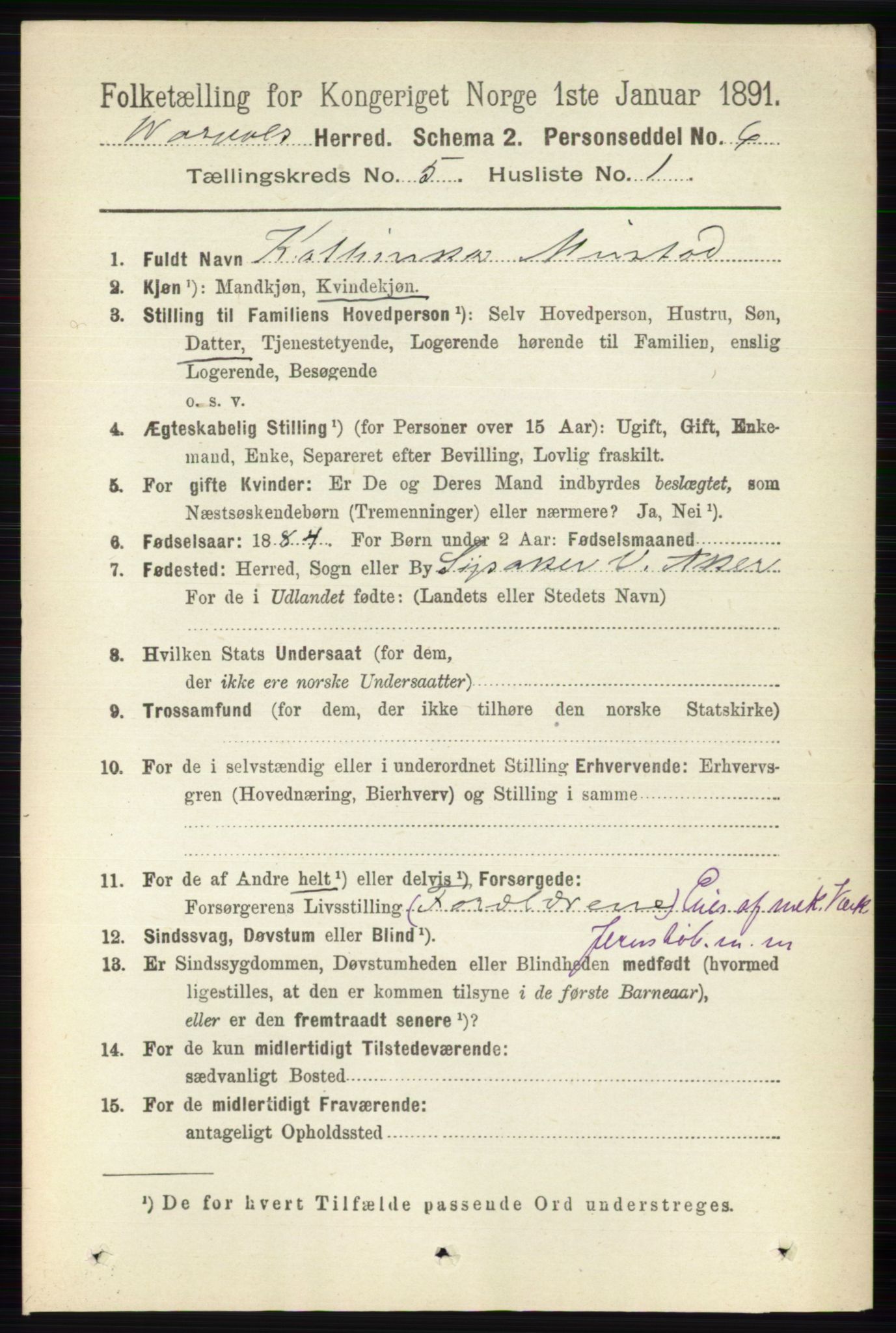 RA, 1891 census for 0527 Vardal, 1891, p. 2164