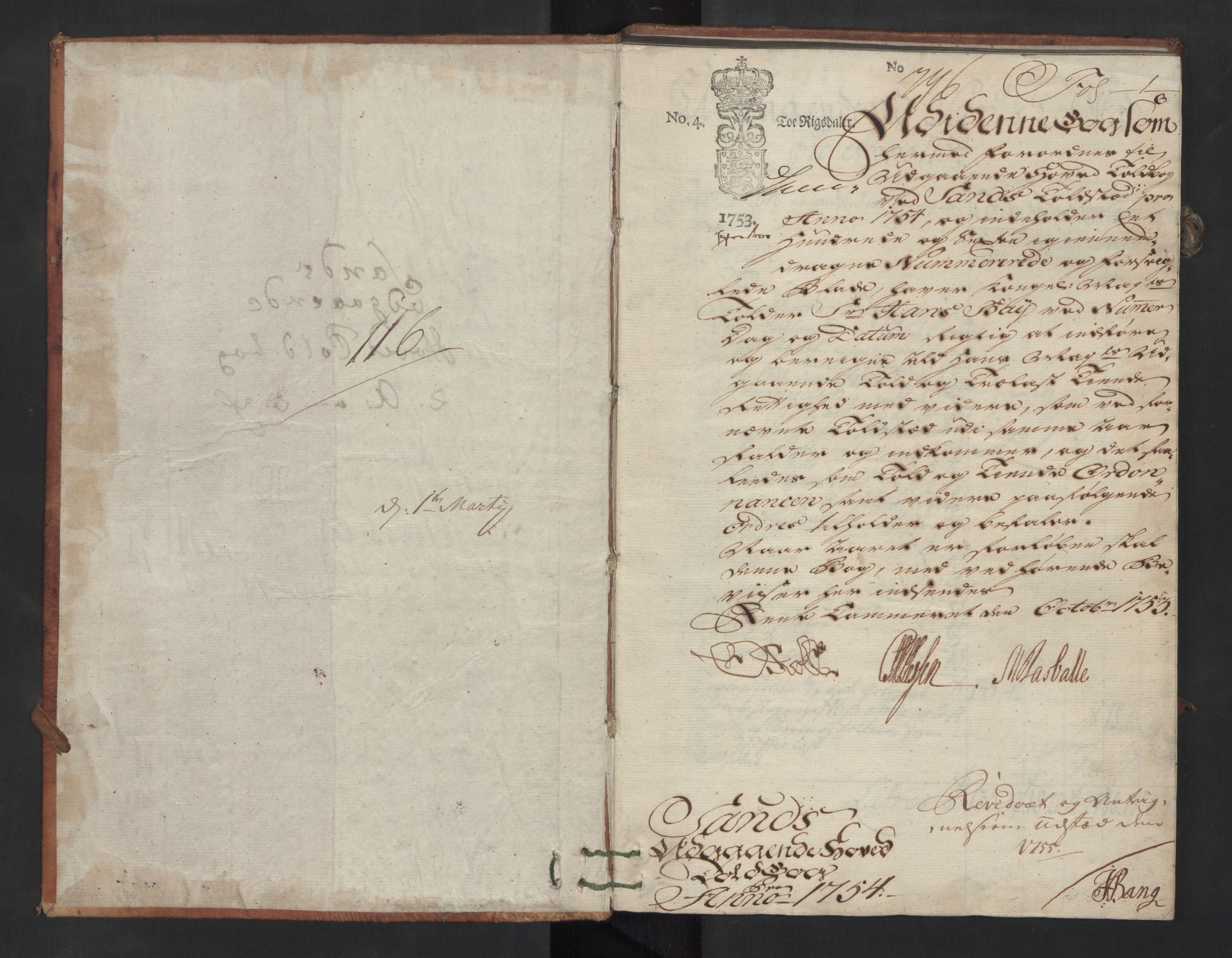 Generaltollkammeret, tollregnskaper, AV/RA-EA-5490/R07/L0014/0002: Tollregnskaper Sand / Utgående hovedtollbok, 1754