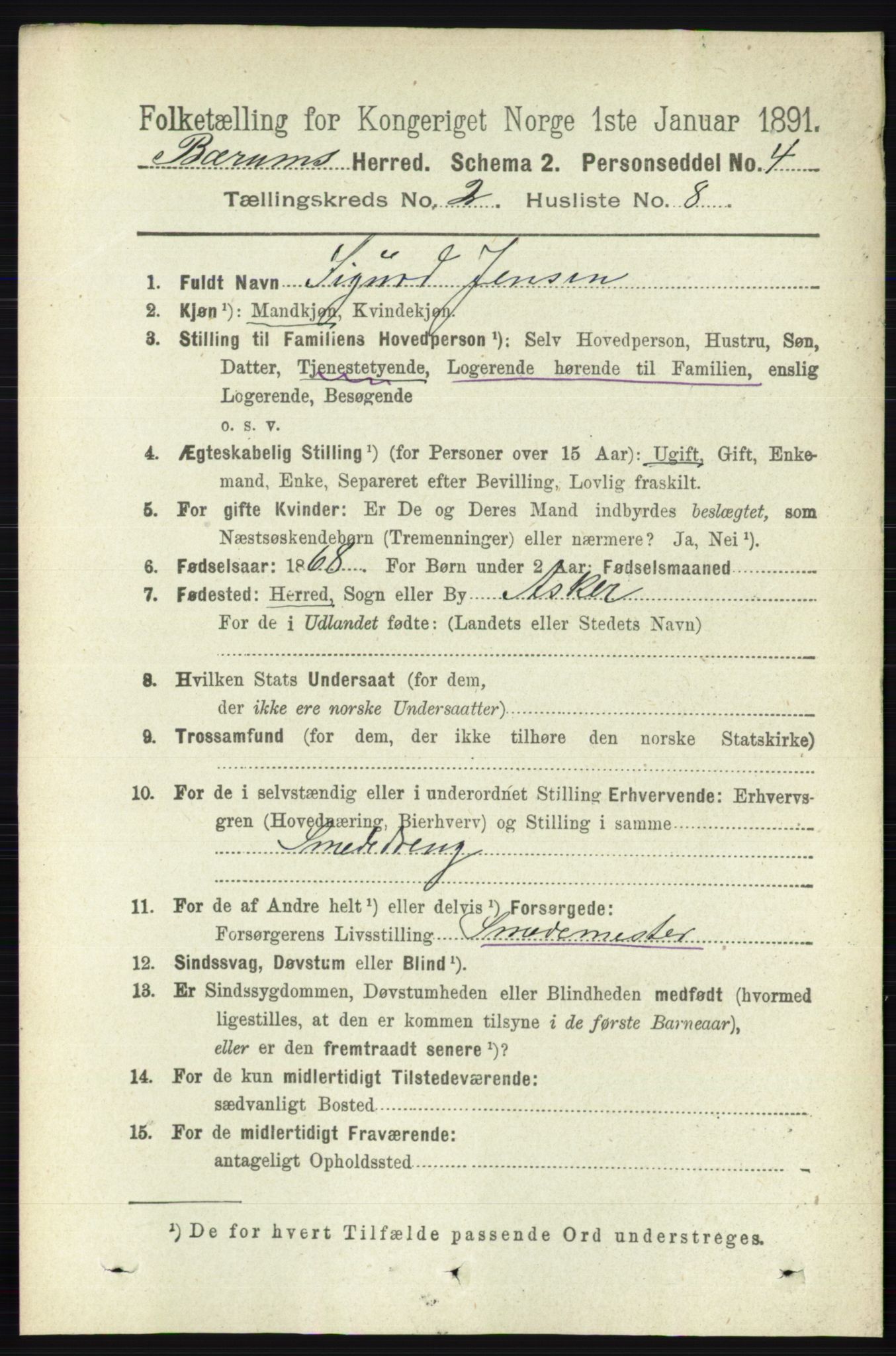 RA, 1891 census for 0219 Bærum, 1891, p. 1131