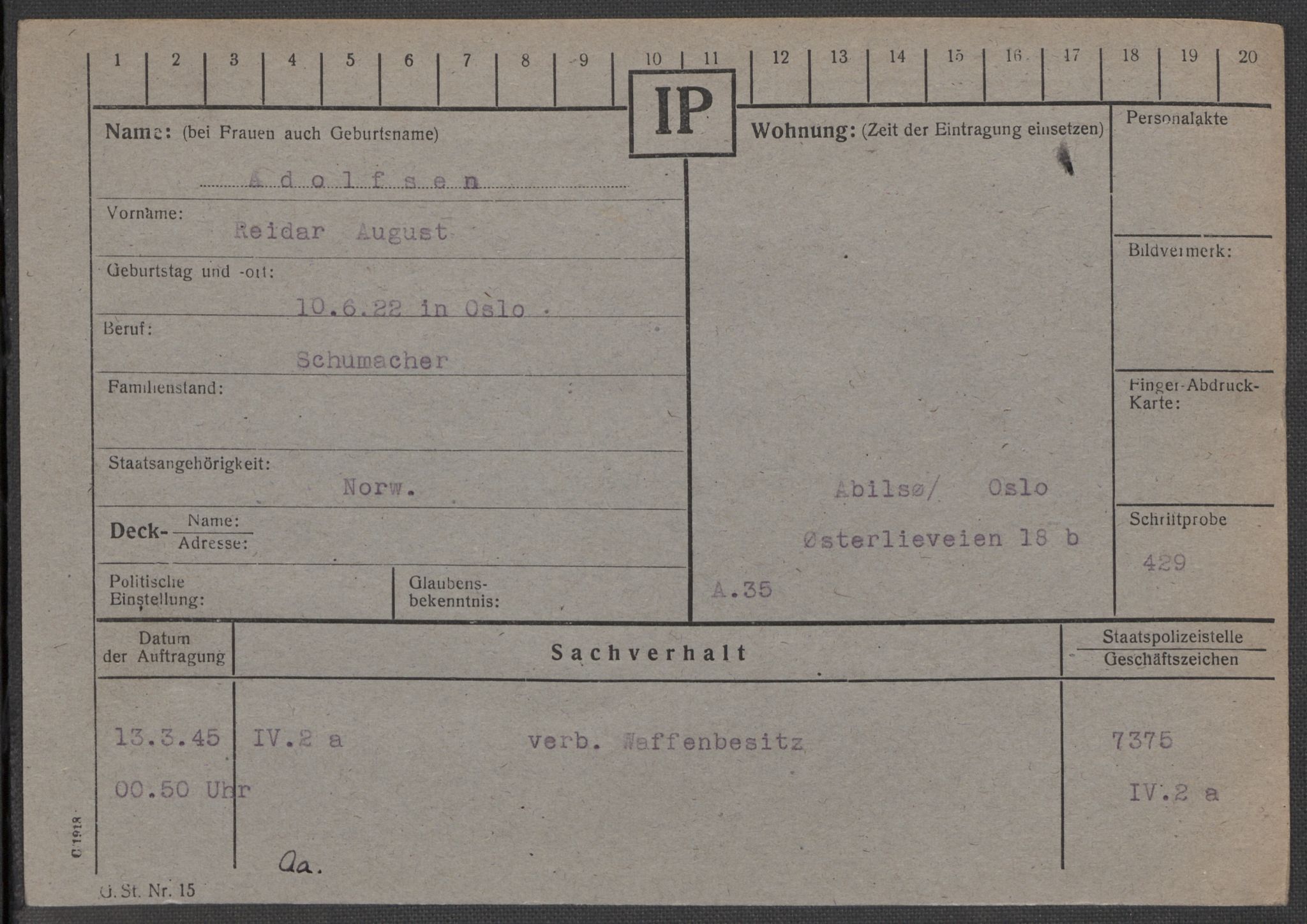 Befehlshaber der Sicherheitspolizei und des SD, RA/RAFA-5969/E/Ea/Eaa/L0001: Register over norske fanger i Møllergata 19: A-Bj, 1940-1945, p. 36