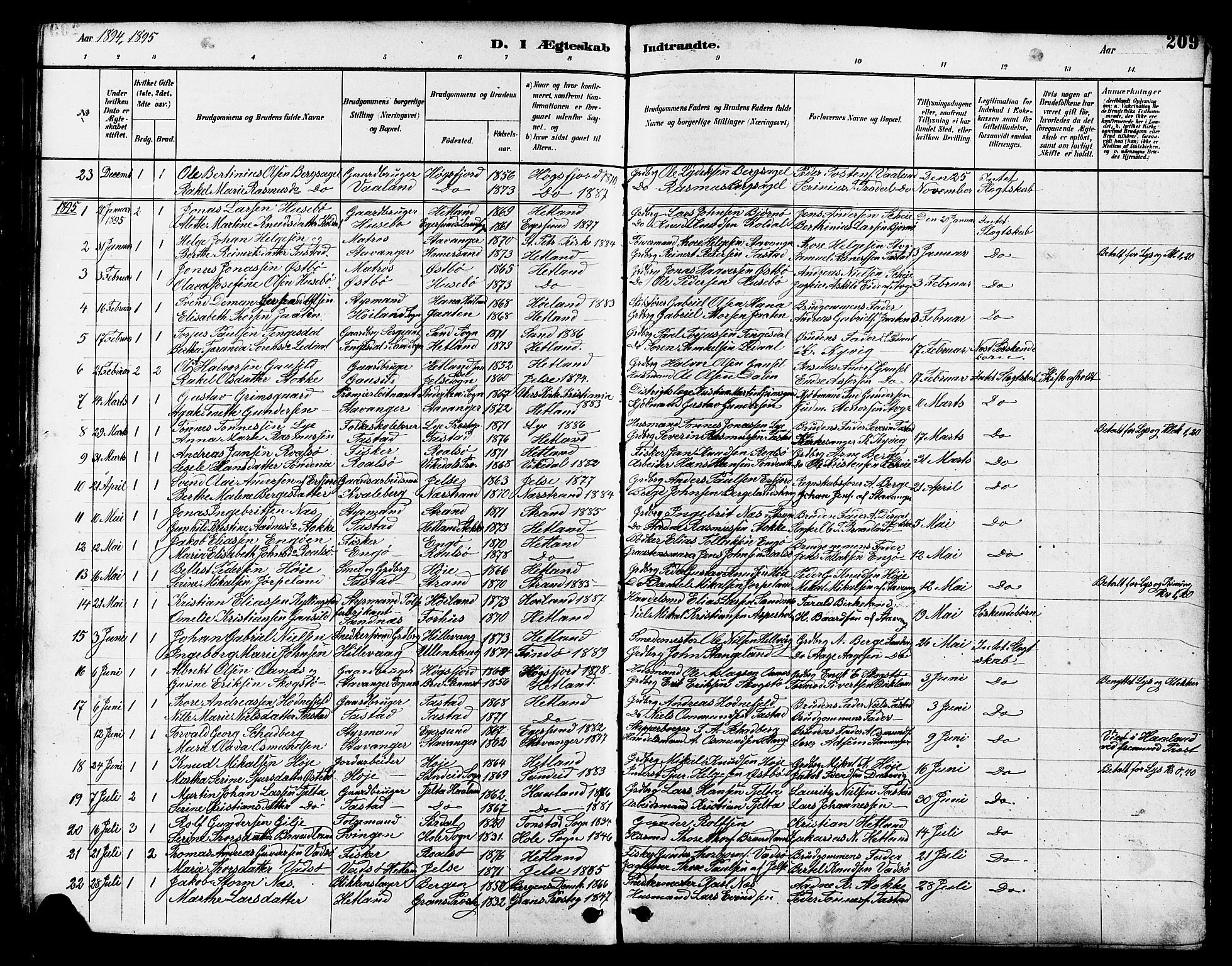 Hetland sokneprestkontor, SAST/A-101826/30/30BB/L0005: Parish register (copy) no. B 5, 1878-1910, p. 209