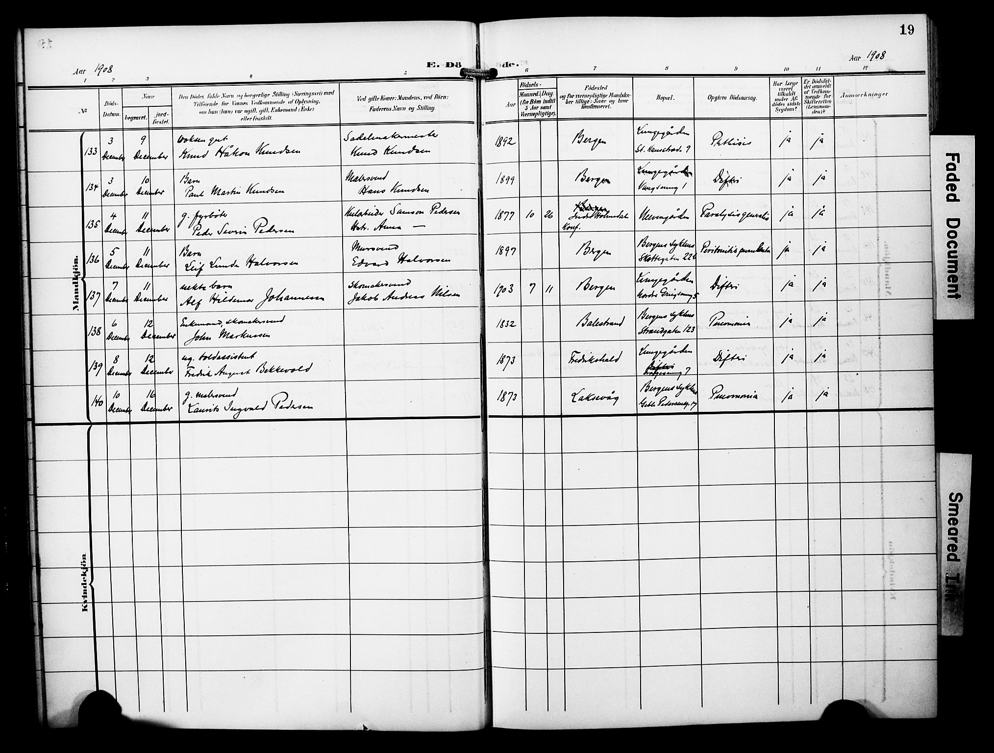 Bergen kommunale pleiehjem - stiftelsespresten, AV/SAB-A-100281: Parish register (official) no. A 6, 1908-1920, p. 19