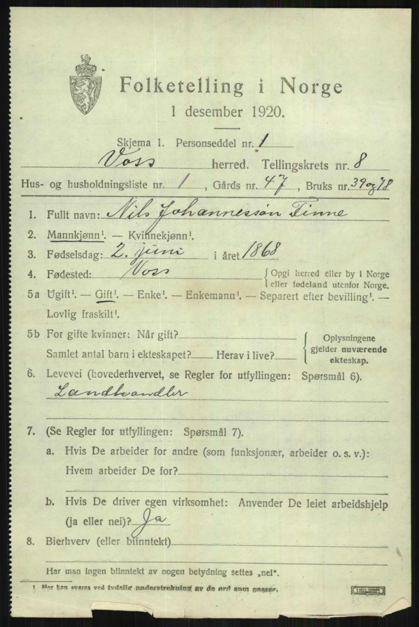 SAB, 1920 census for Voss, 1920, p. 7659