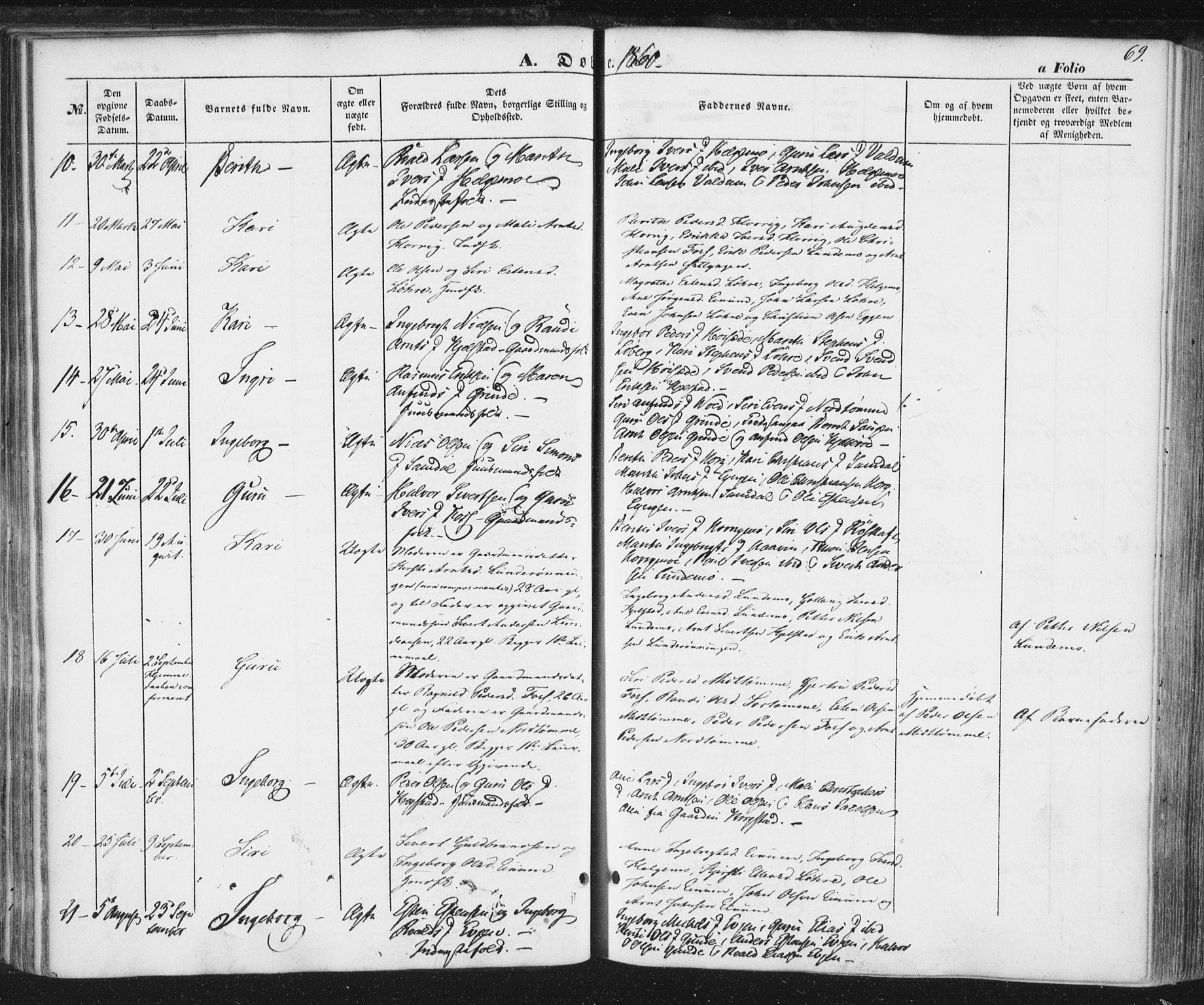 Ministerialprotokoller, klokkerbøker og fødselsregistre - Sør-Trøndelag, AV/SAT-A-1456/692/L1103: Parish register (official) no. 692A03, 1849-1870, p. 69