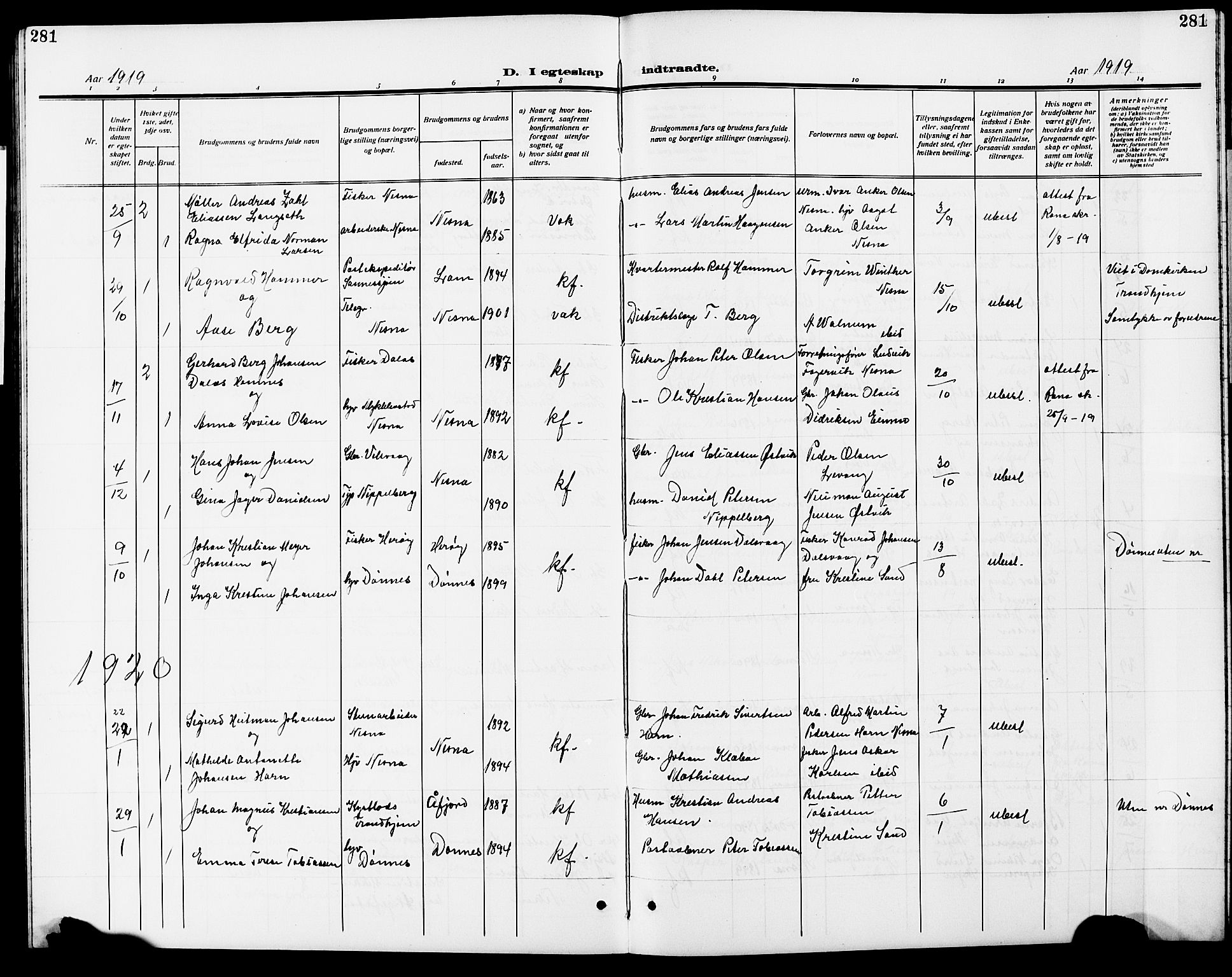 Ministerialprotokoller, klokkerbøker og fødselsregistre - Nordland, AV/SAT-A-1459/838/L0560: Parish register (copy) no. 838C07, 1910-1928, p. 281