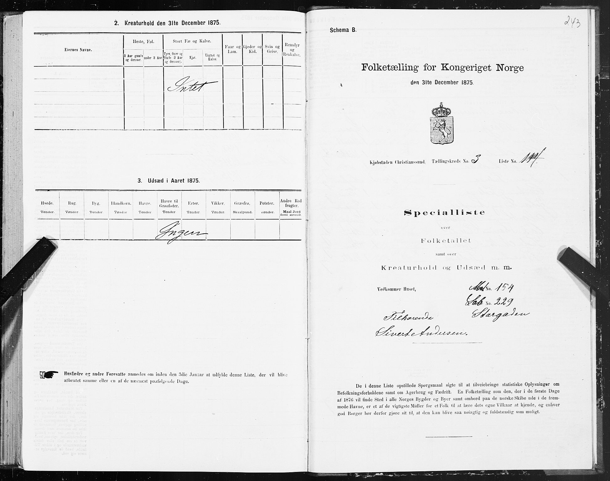 SAT, 1875 census for 1503B Kristiansund/Kristiansund, 1875, p. 3243