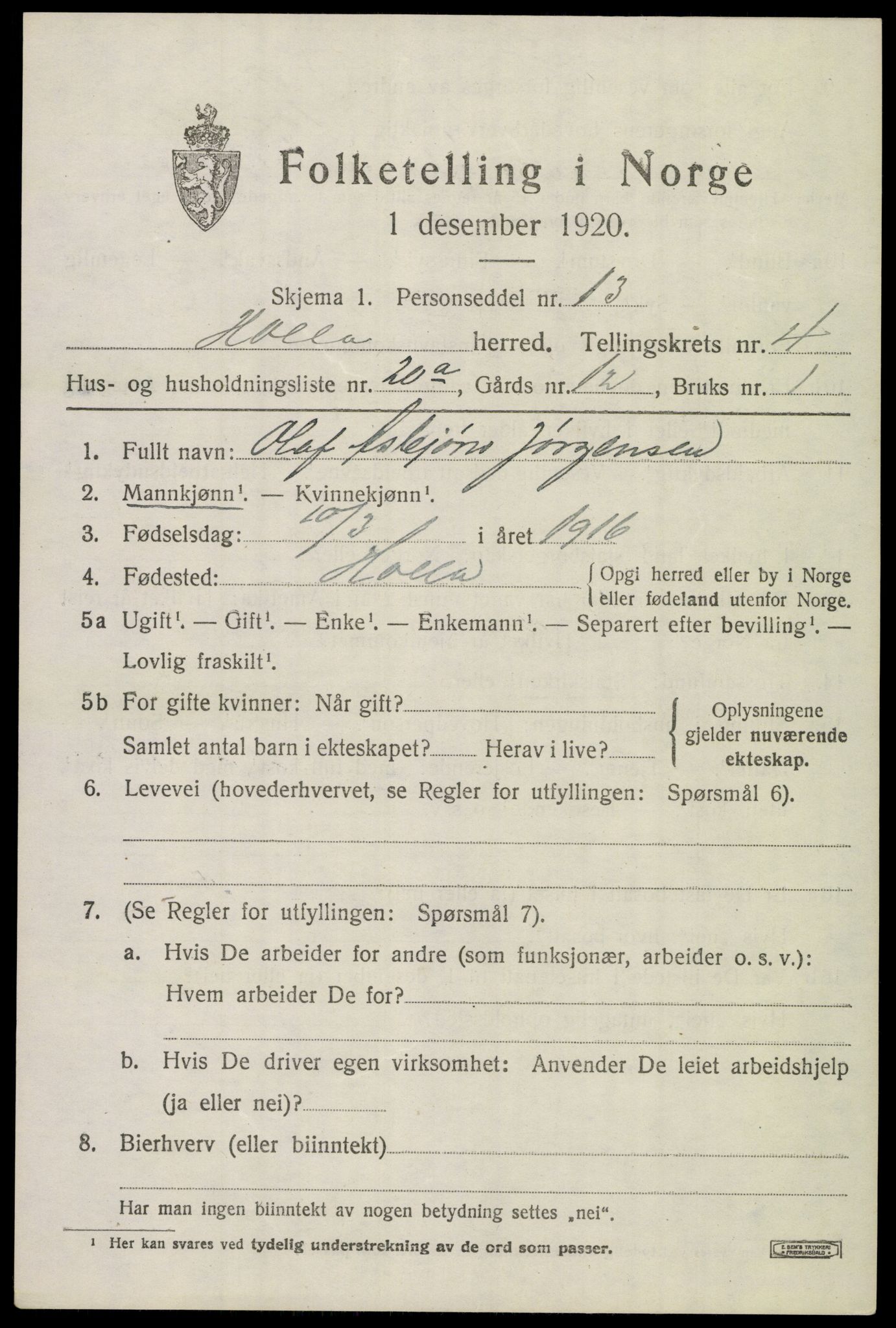 SAKO, 1920 census for Holla, 1920, p. 3819