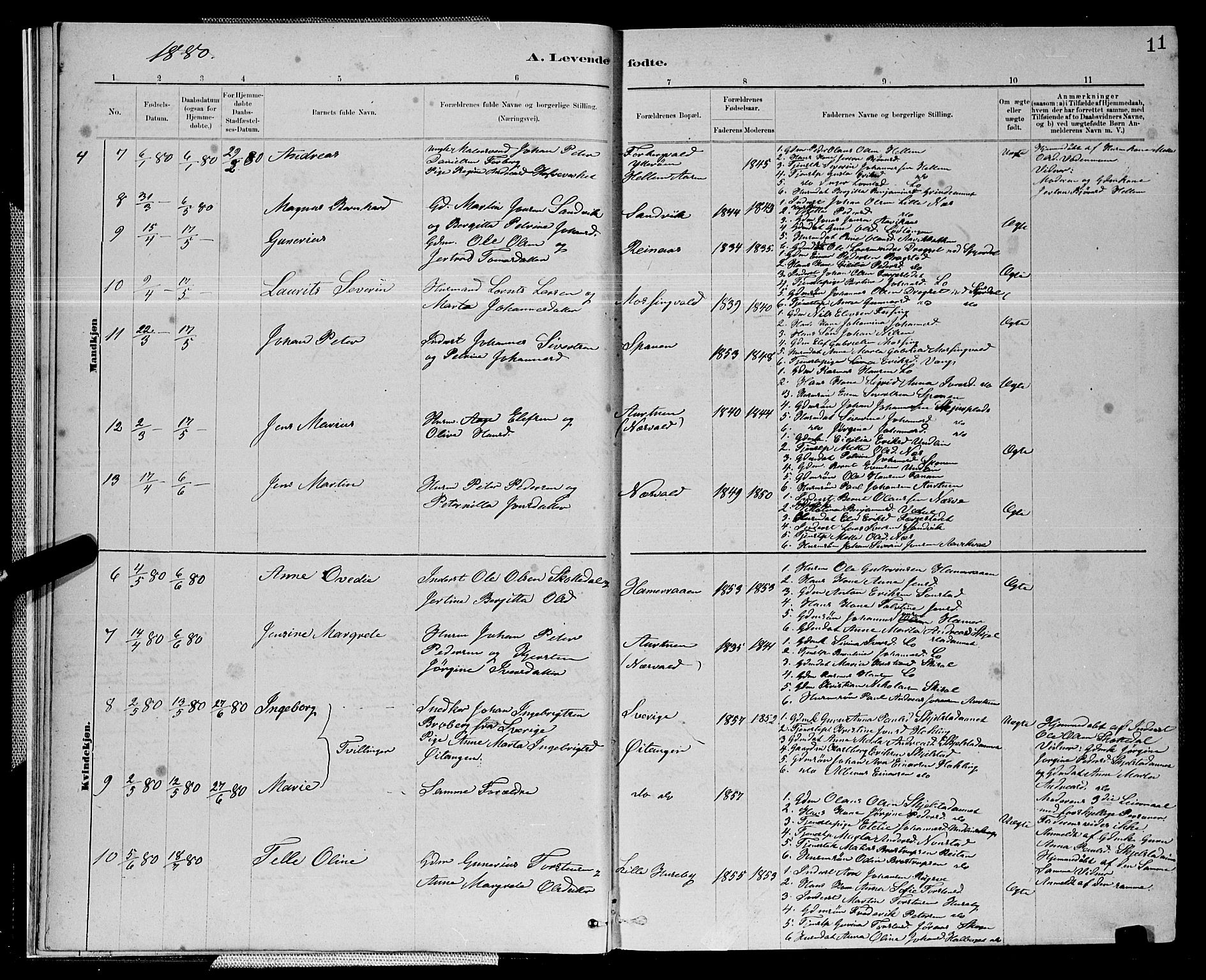 Ministerialprotokoller, klokkerbøker og fødselsregistre - Nord-Trøndelag, SAT/A-1458/714/L0134: Parish register (copy) no. 714C03, 1878-1898, p. 11