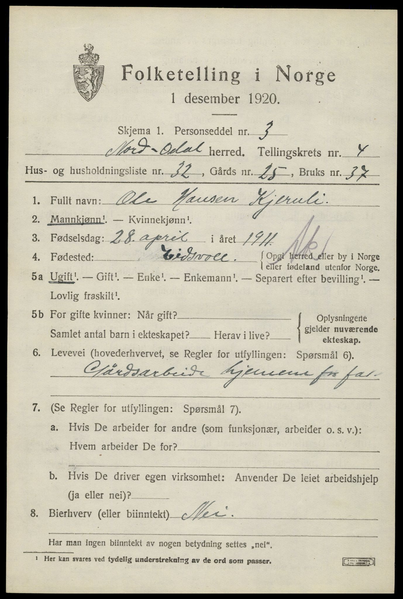 SAH, 1920 census for Nord-Odal, 1920, p. 5027