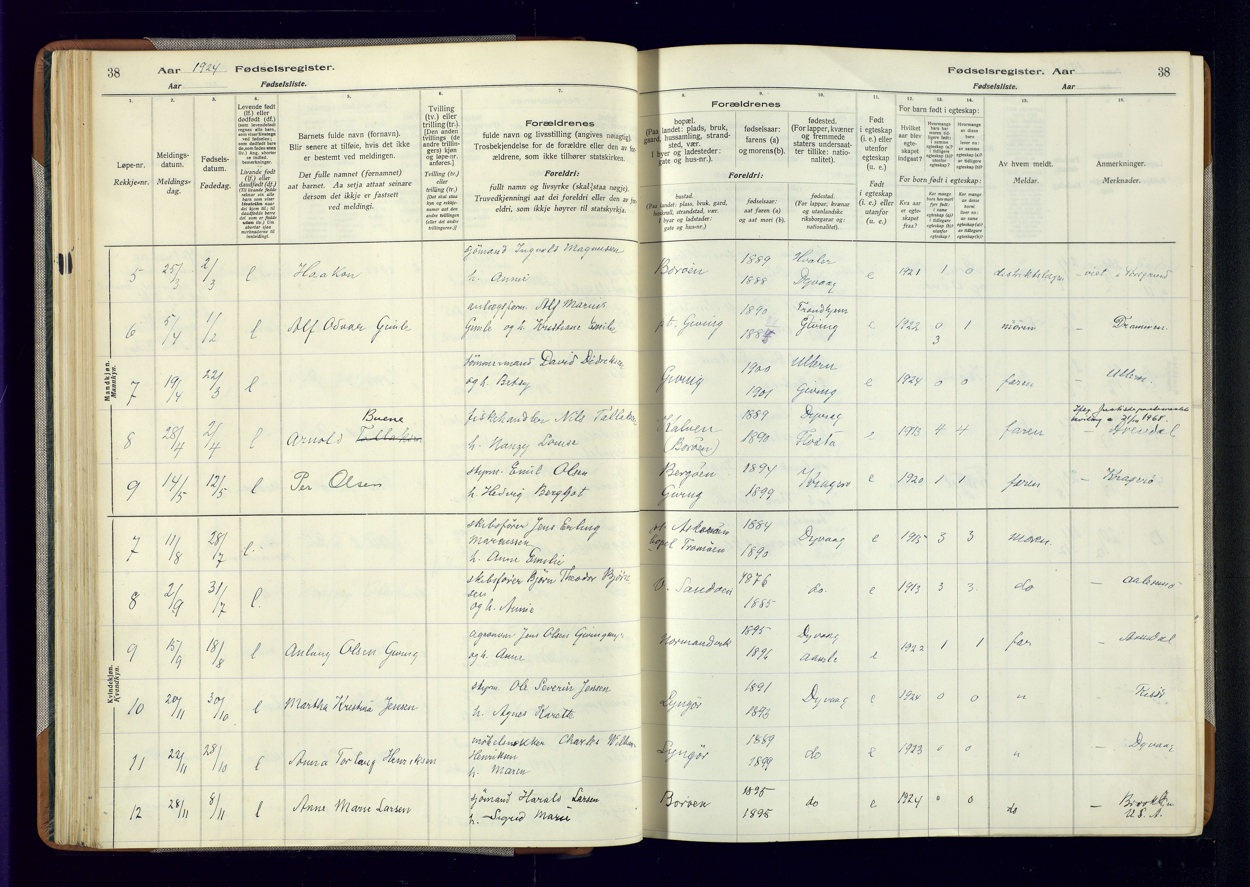 Dypvåg sokneprestkontor, AV/SAK-1111-0007/J/Ja/L0001: Birth register no. II.4.3, 1916-1975, p. 38