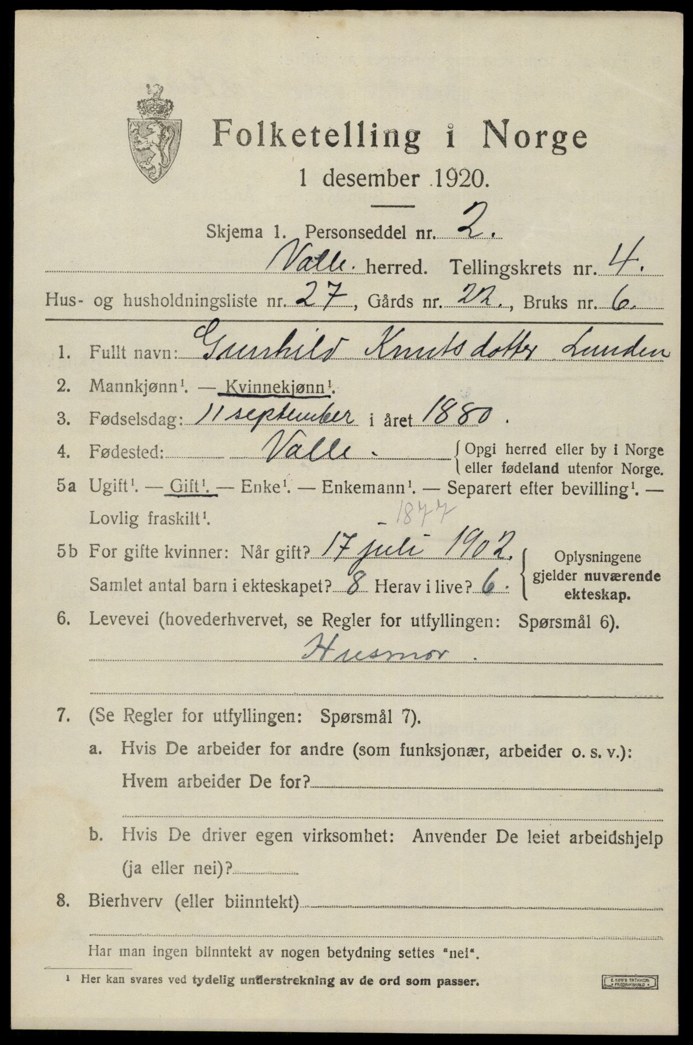 SAK, 1920 census for Valle, 1920, p. 2297