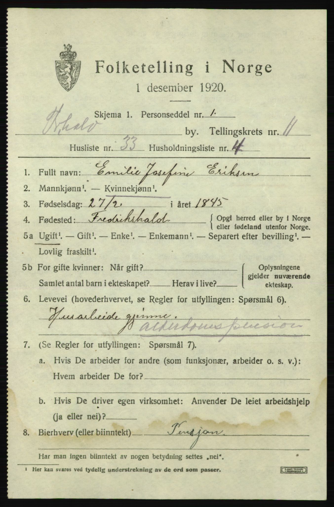 SAO, 1920 census for Fredrikshald, 1920, p. 19733