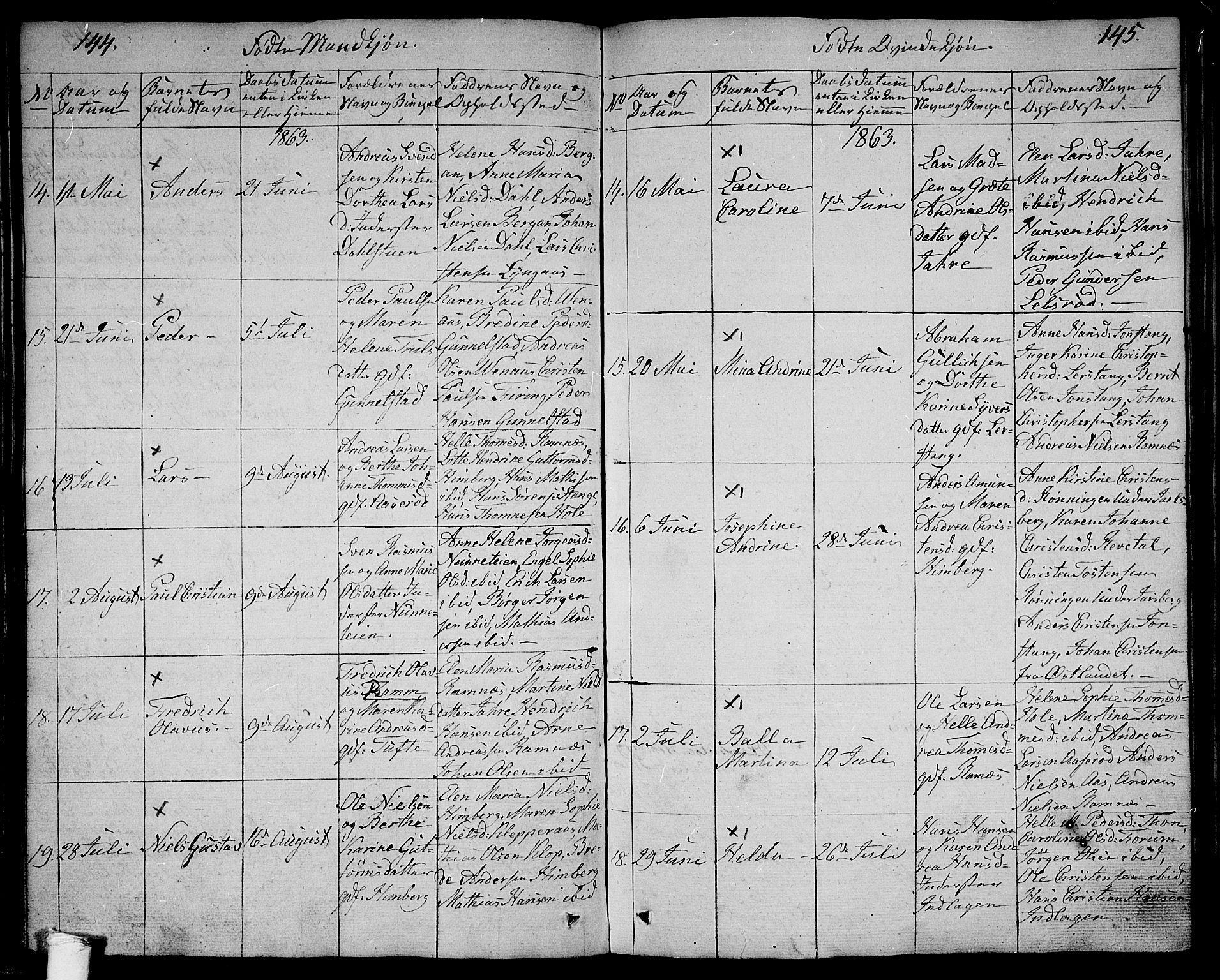 Ramnes kirkebøker, AV/SAKO-A-314/G/Ga/L0002: Parish register (copy) no. I 2, 1848-1870, p. 144-145