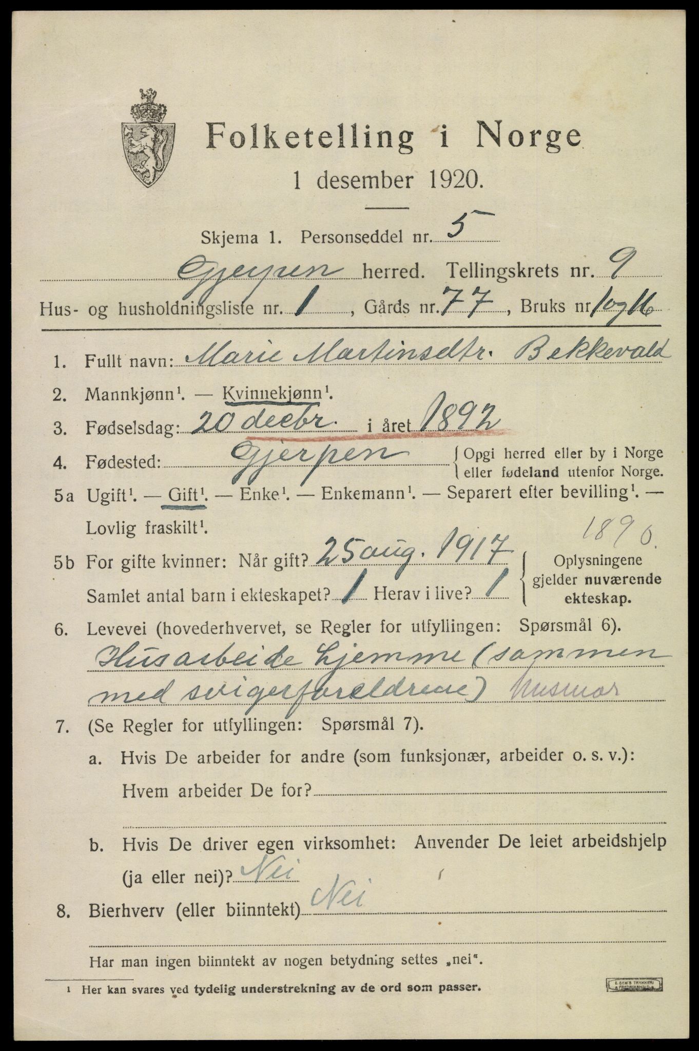 SAKO, 1920 census for Gjerpen, 1920, p. 10786