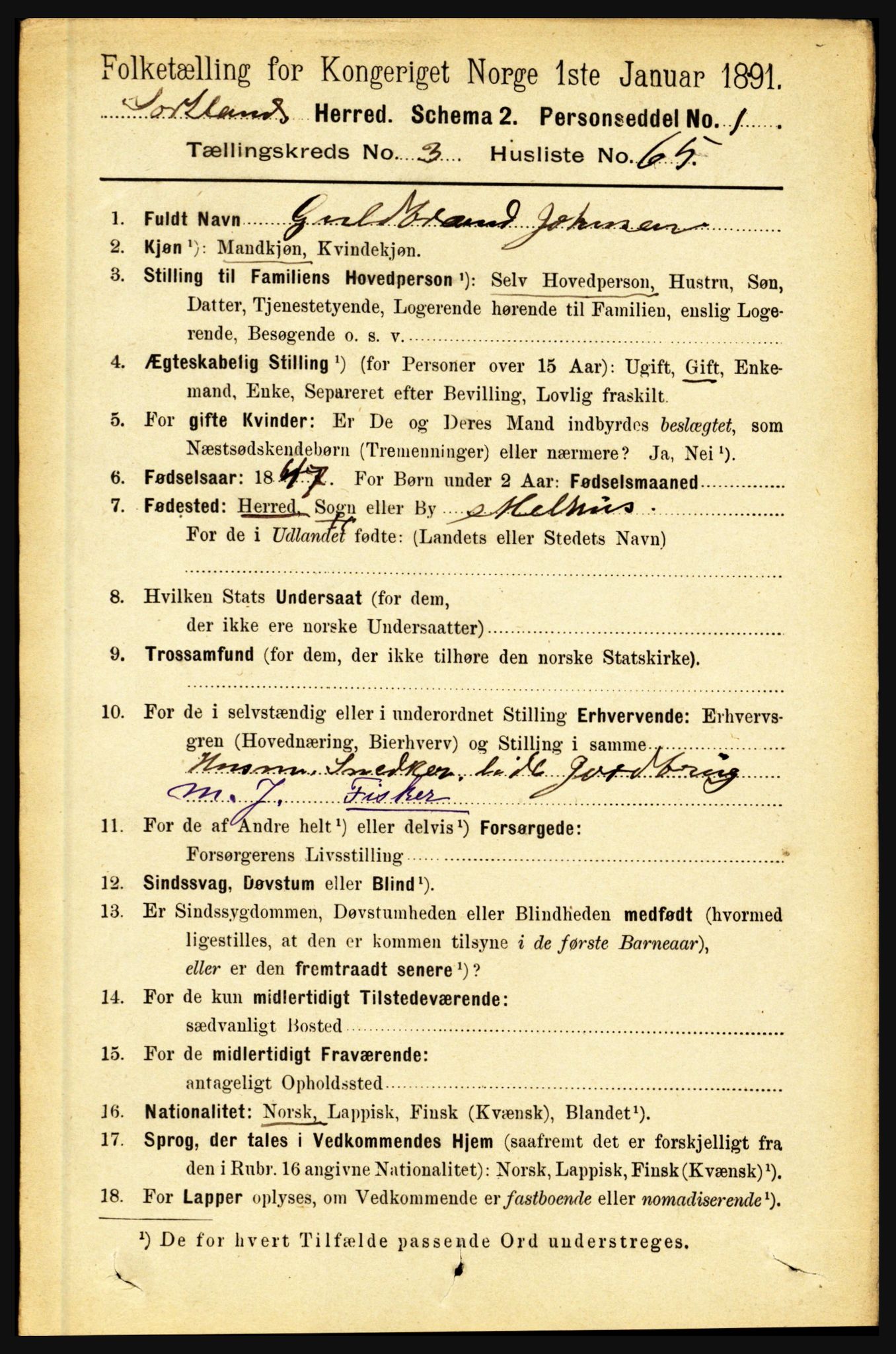 RA, 1891 census for 1870 Sortland, 1891, p. 2655