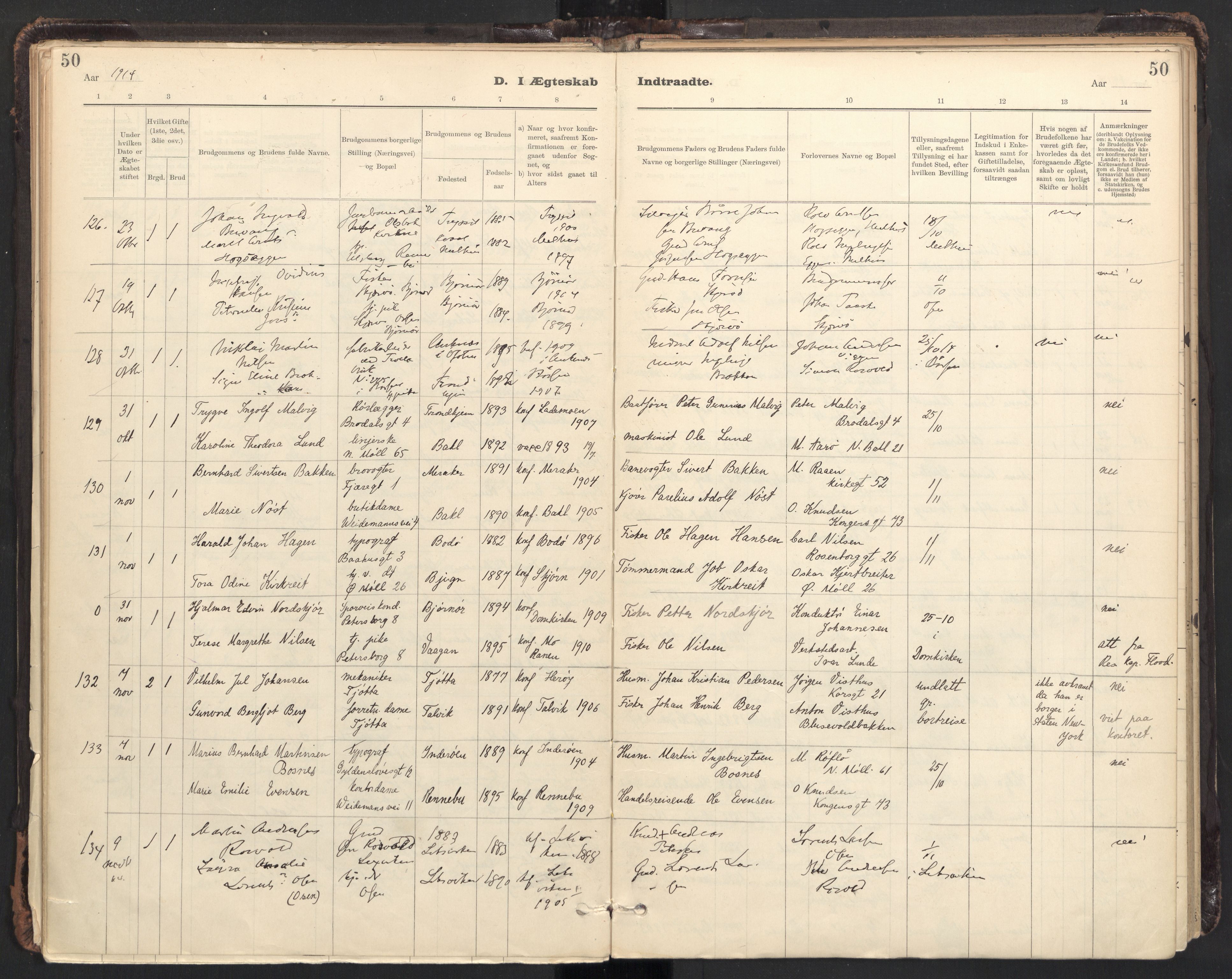 Ministerialprotokoller, klokkerbøker og fødselsregistre - Sør-Trøndelag, AV/SAT-A-1456/604/L0204: Parish register (official) no. 604A24, 1911-1920, p. 50