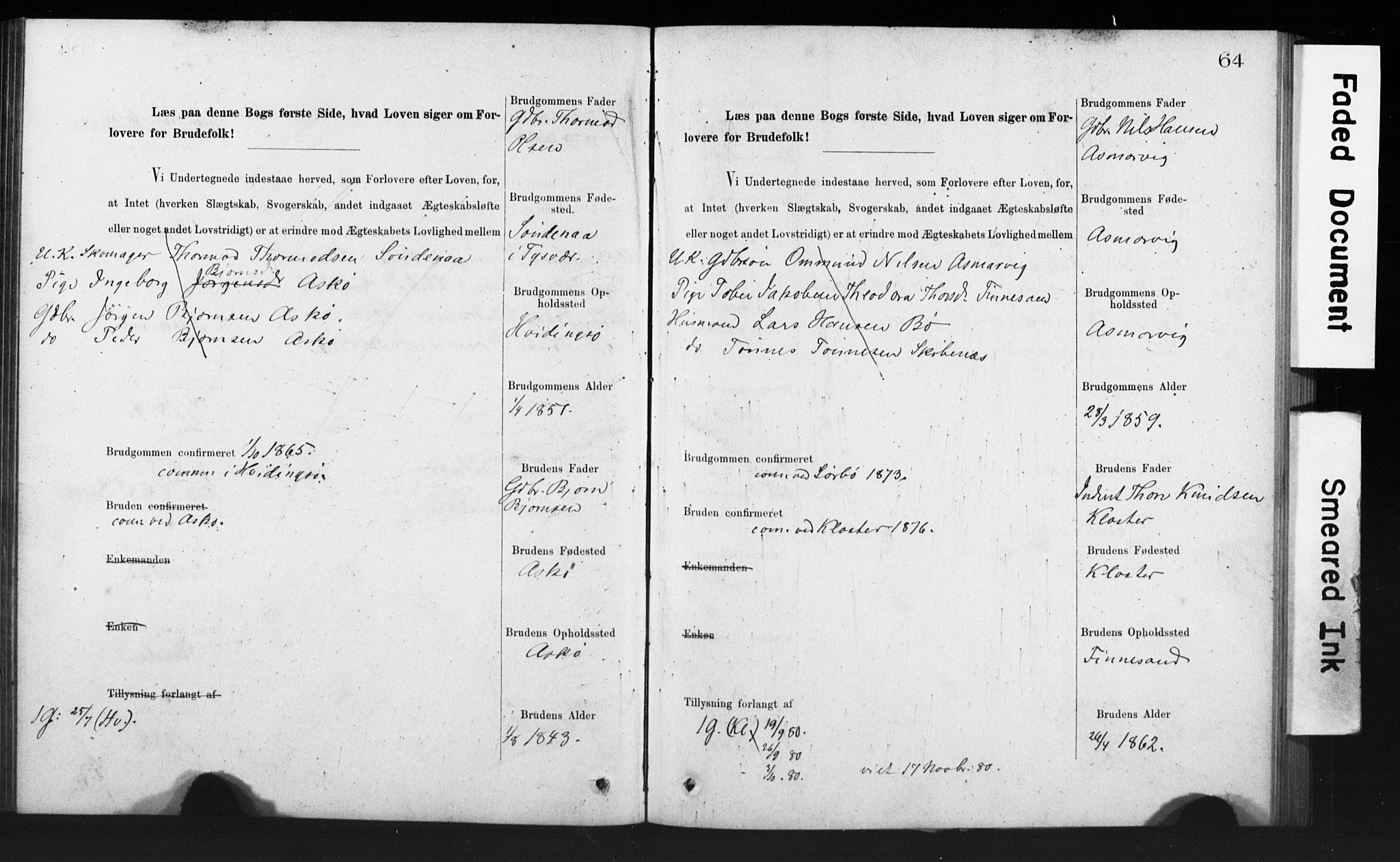 Rennesøy sokneprestkontor, SAST/A -101827/I/Ie/L0001: Banns register no. 1, 1873-1898, p. 64
