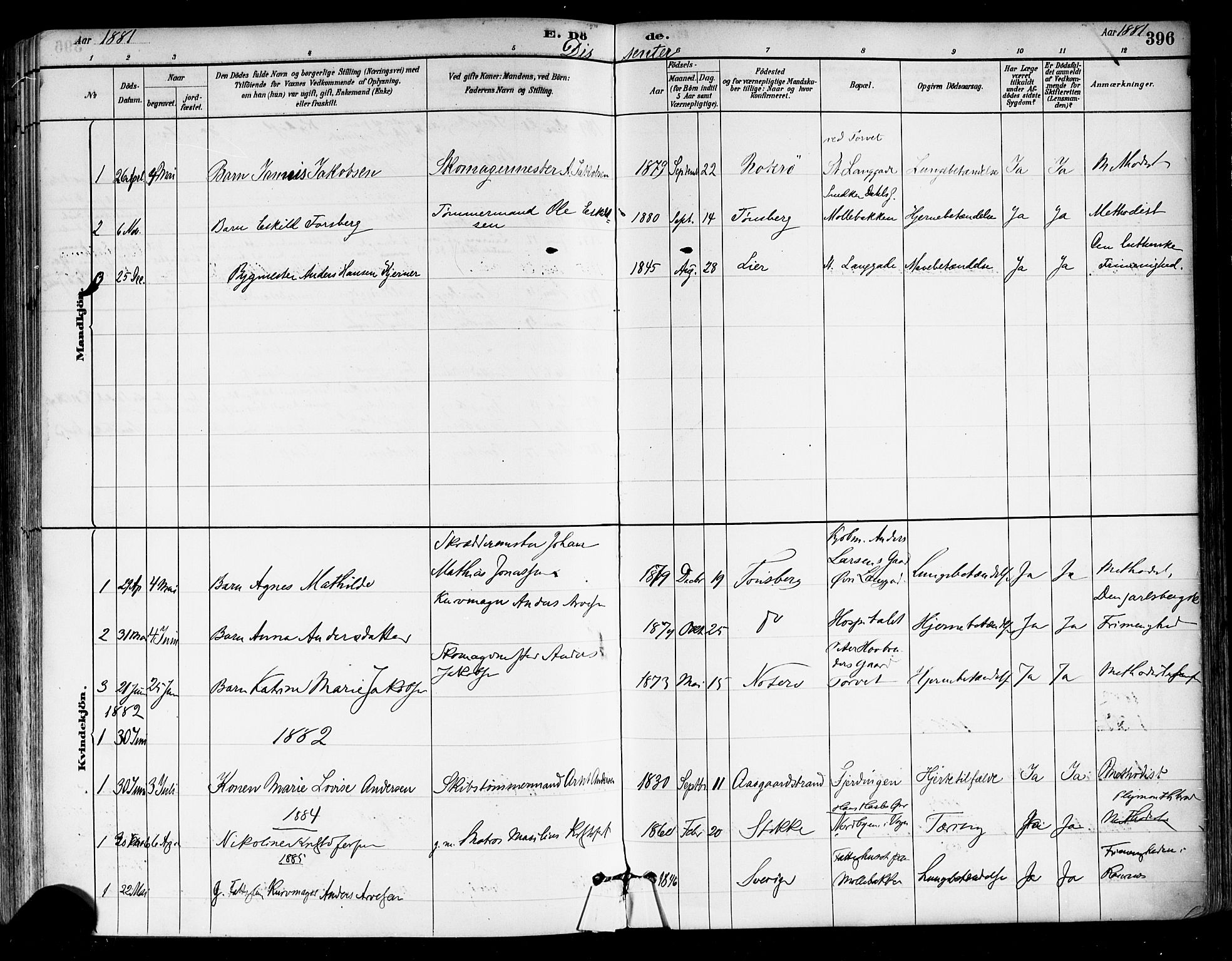 Tønsberg kirkebøker, SAKO/A-330/F/Fa/L0011: Parish register (official) no. I 11, 1881-1890, p. 396