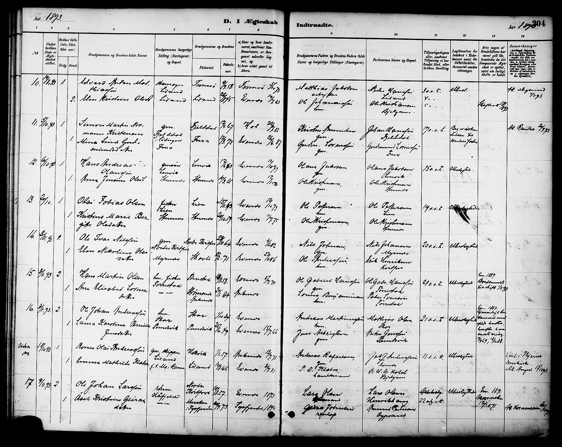 Ministerialprotokoller, klokkerbøker og fødselsregistre - Nordland, AV/SAT-A-1459/863/L0898: Parish register (official) no. 863A10, 1886-1897, p. 204