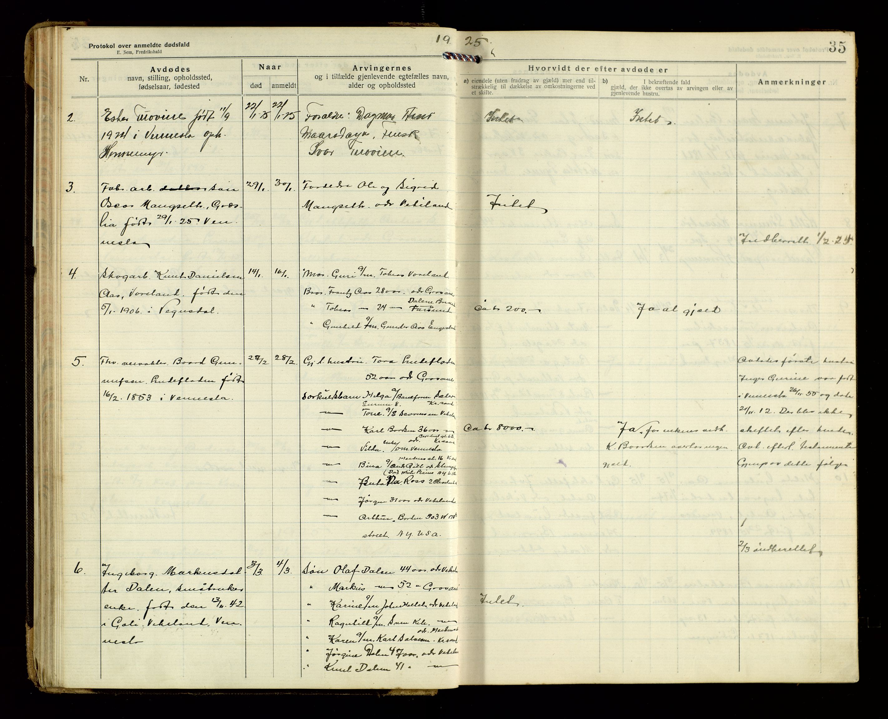 Vennesla og Iveland lensmannskontor, AV/SAK-1241-0050/F/Fe/L0001: Dødsfallsprotokoll nr 7, 1920-1940, p. 35