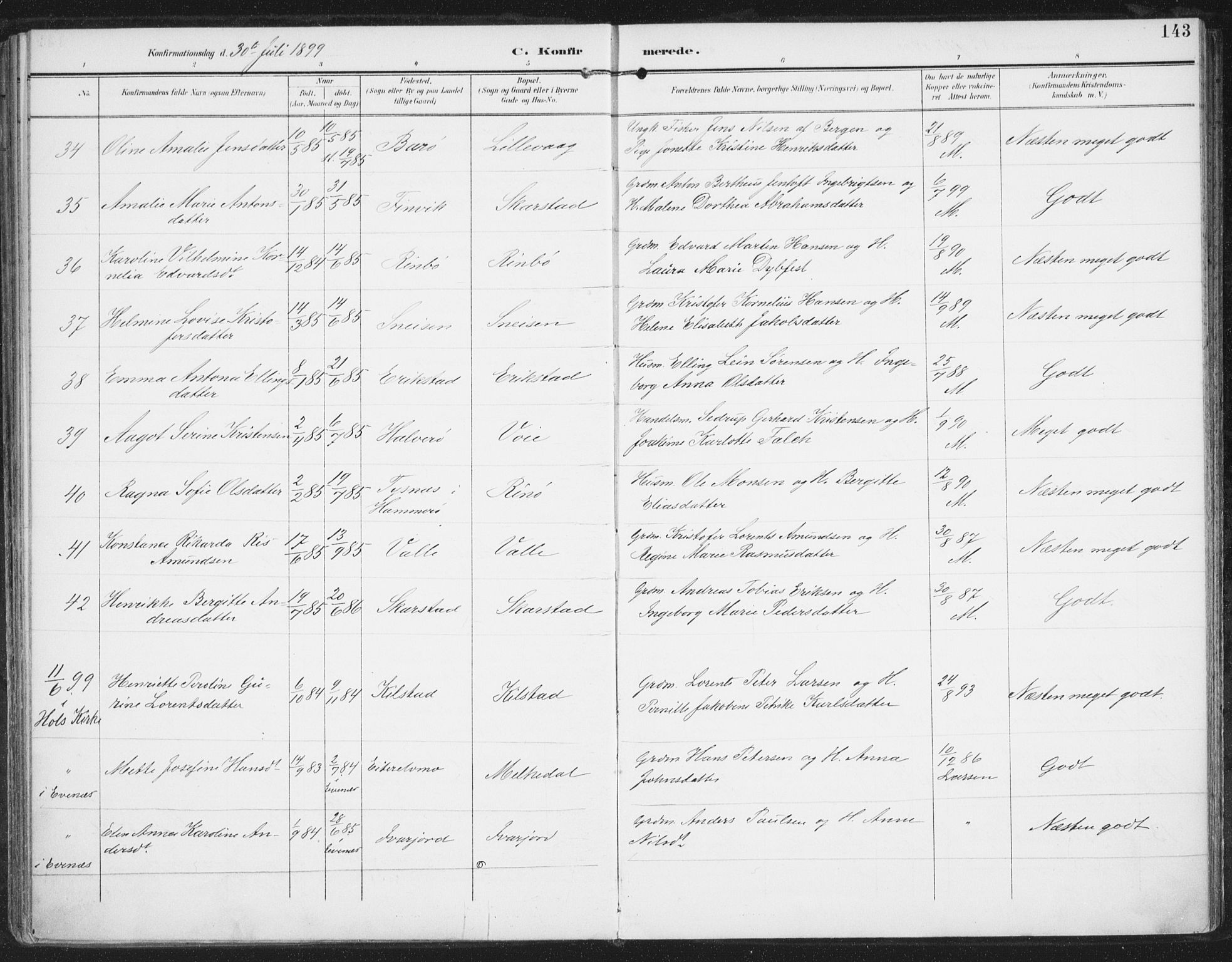 Ministerialprotokoller, klokkerbøker og fødselsregistre - Nordland, AV/SAT-A-1459/872/L1036: Parish register (official) no. 872A11, 1897-1913, p. 143