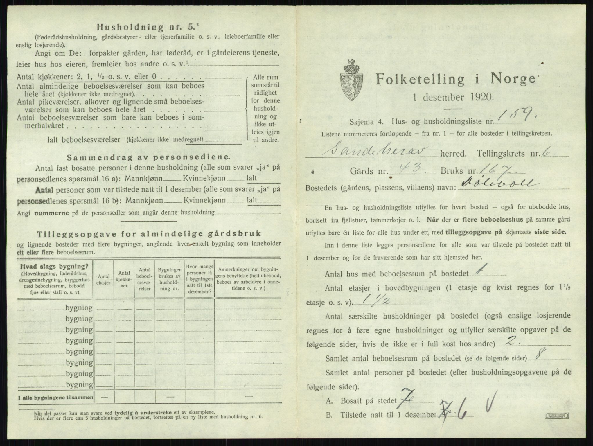 SAKO, 1920 census for Sandeherred, 1920, p. 1430