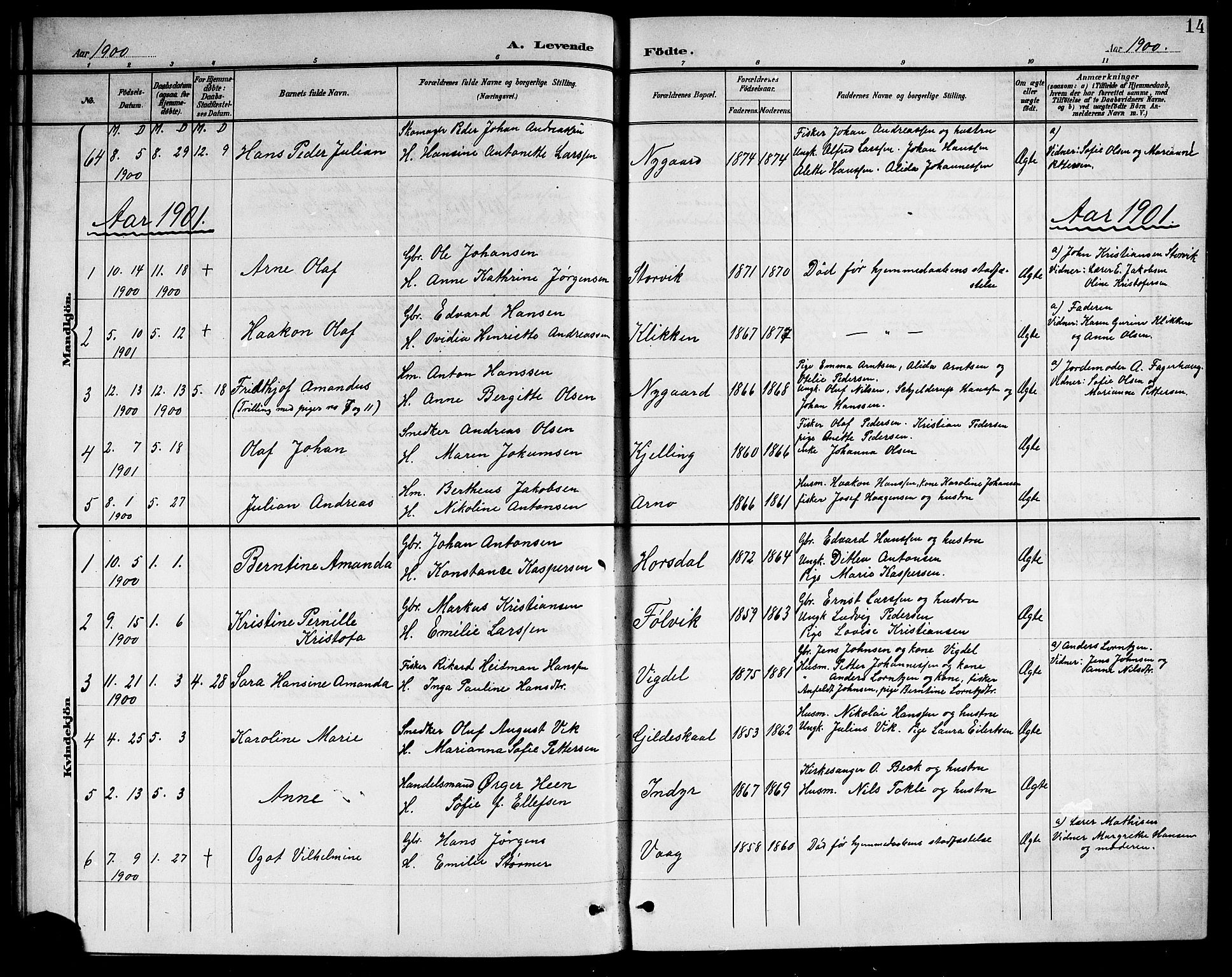 Ministerialprotokoller, klokkerbøker og fødselsregistre - Nordland, AV/SAT-A-1459/805/L0109: Parish register (copy) no. 805C05, 1900-1911, p. 14