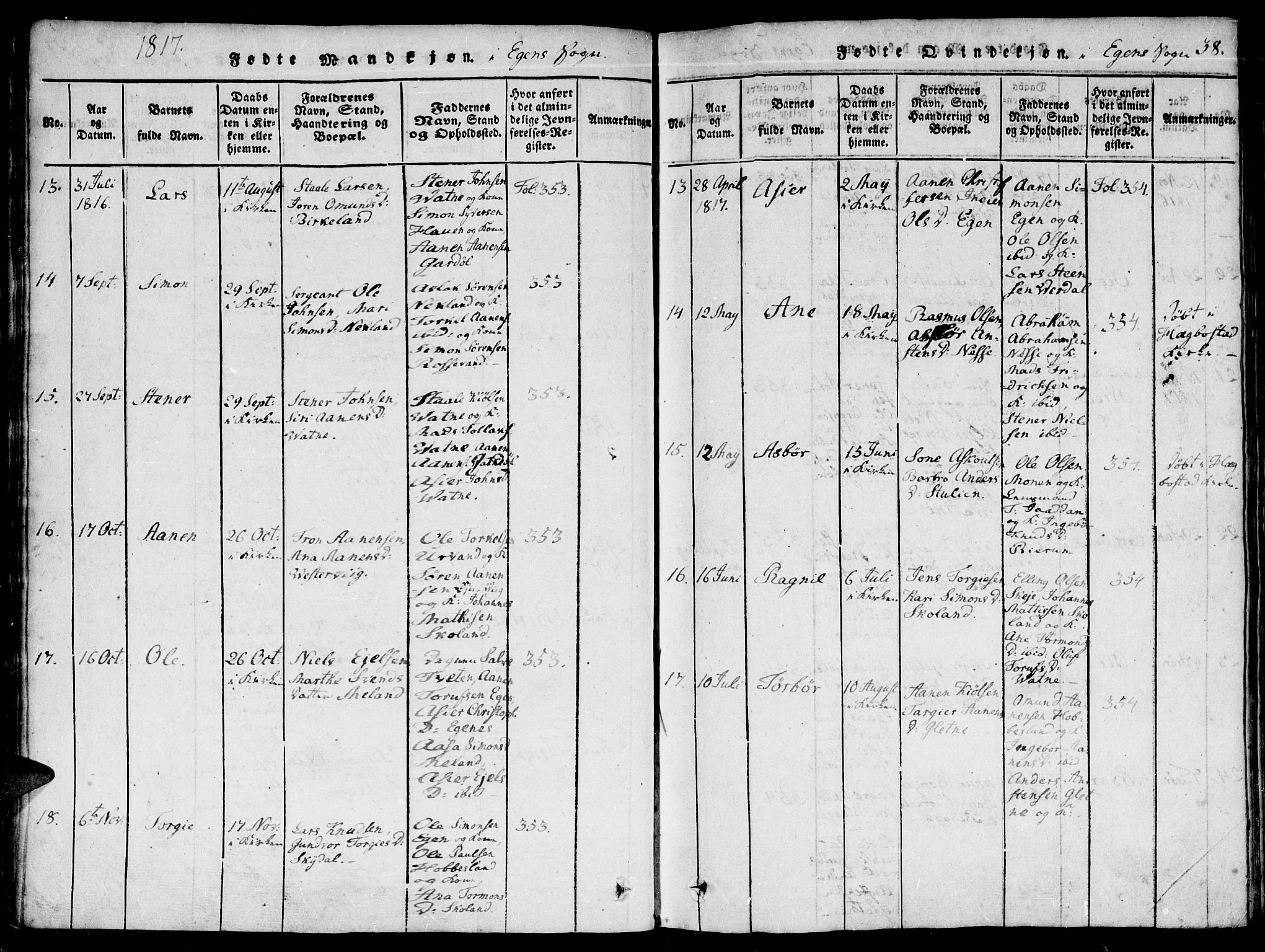 Hægebostad sokneprestkontor, SAK/1111-0024/F/Fa/Faa/L0002: Parish register (official) no. A 2 /2, 1816-1824, p. 38