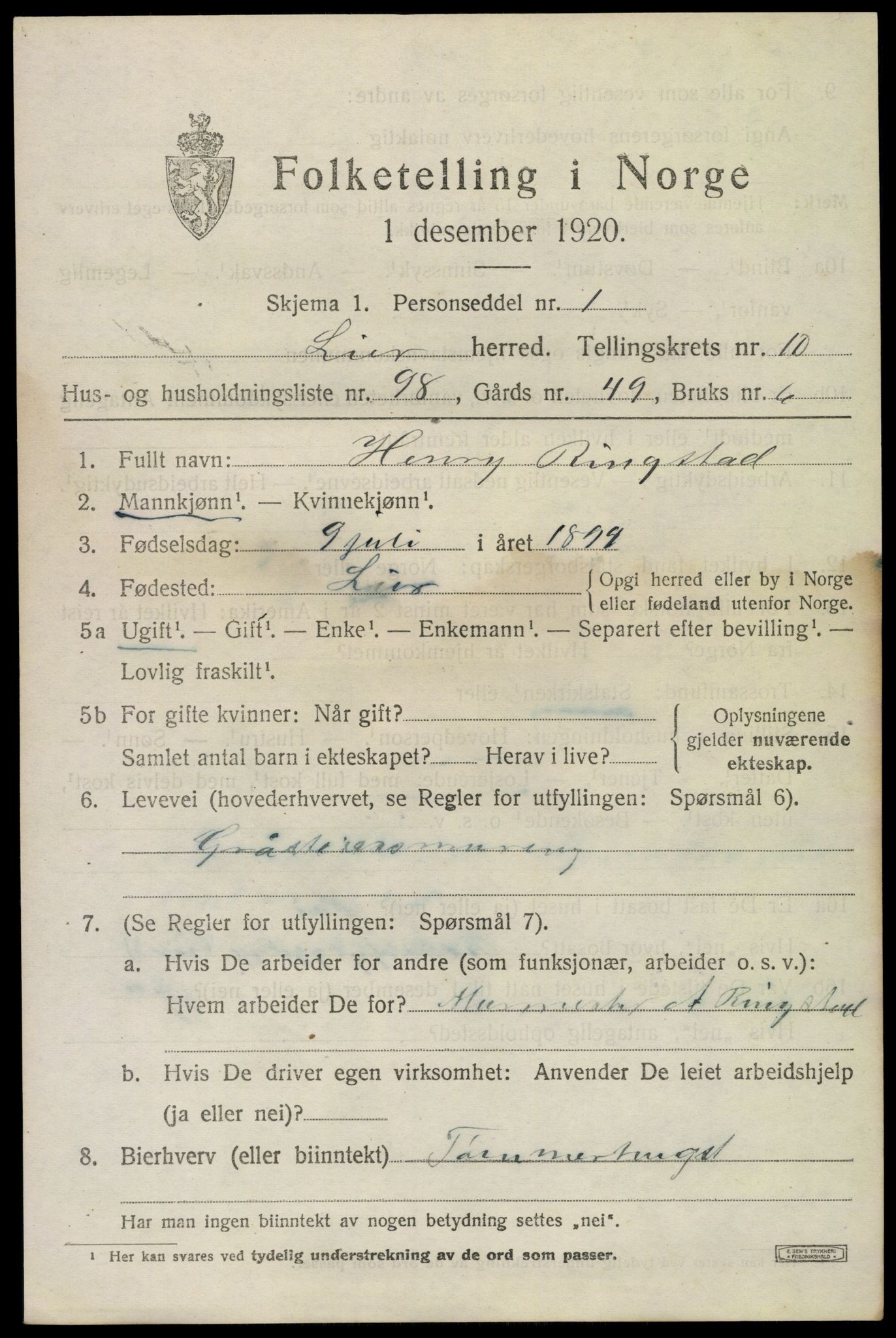 SAKO, 1920 census for Lier, 1920, p. 17248