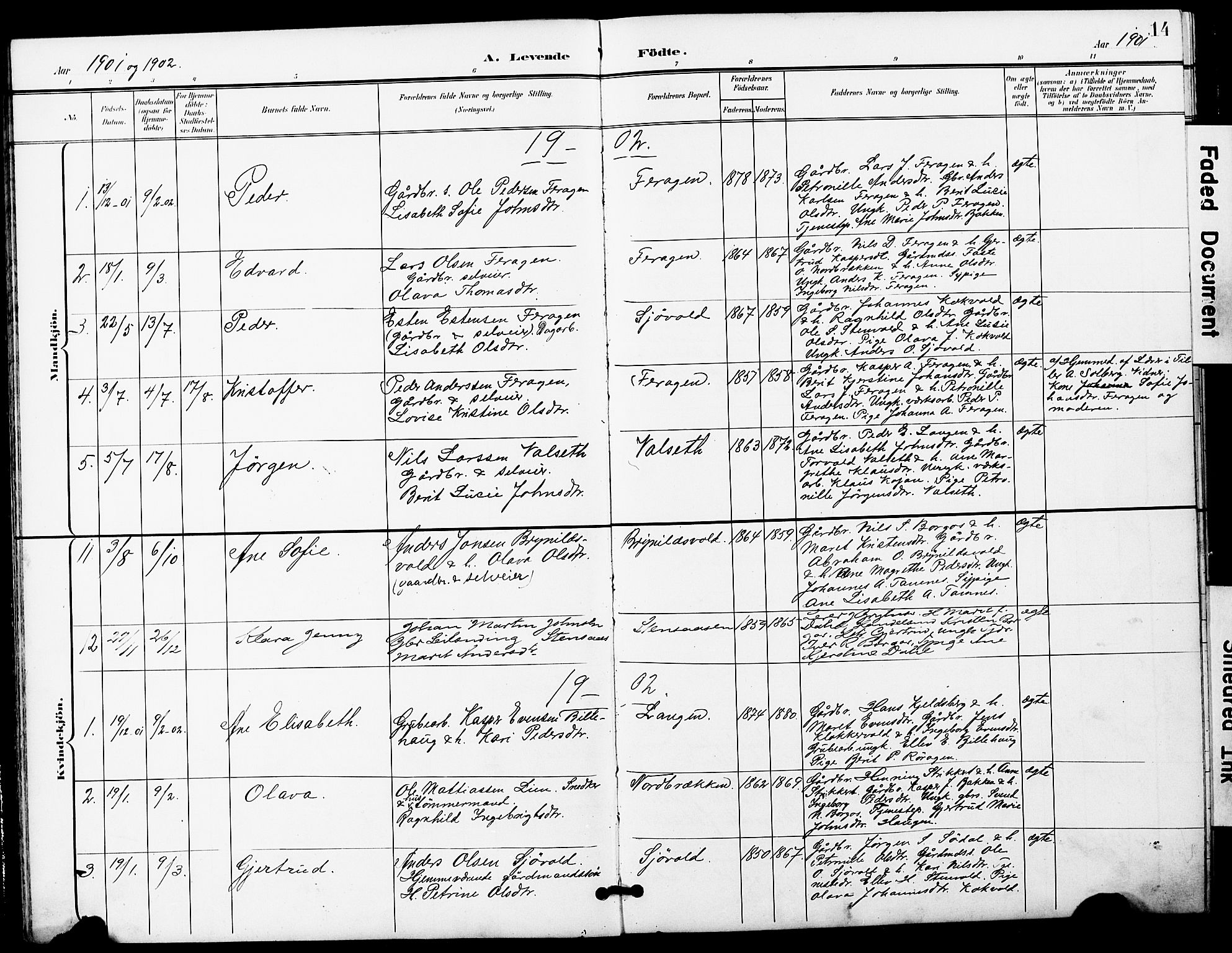 Ministerialprotokoller, klokkerbøker og fødselsregistre - Sør-Trøndelag, SAT/A-1456/683/L0950: Parish register (copy) no. 683C02, 1897-1918, p. 14