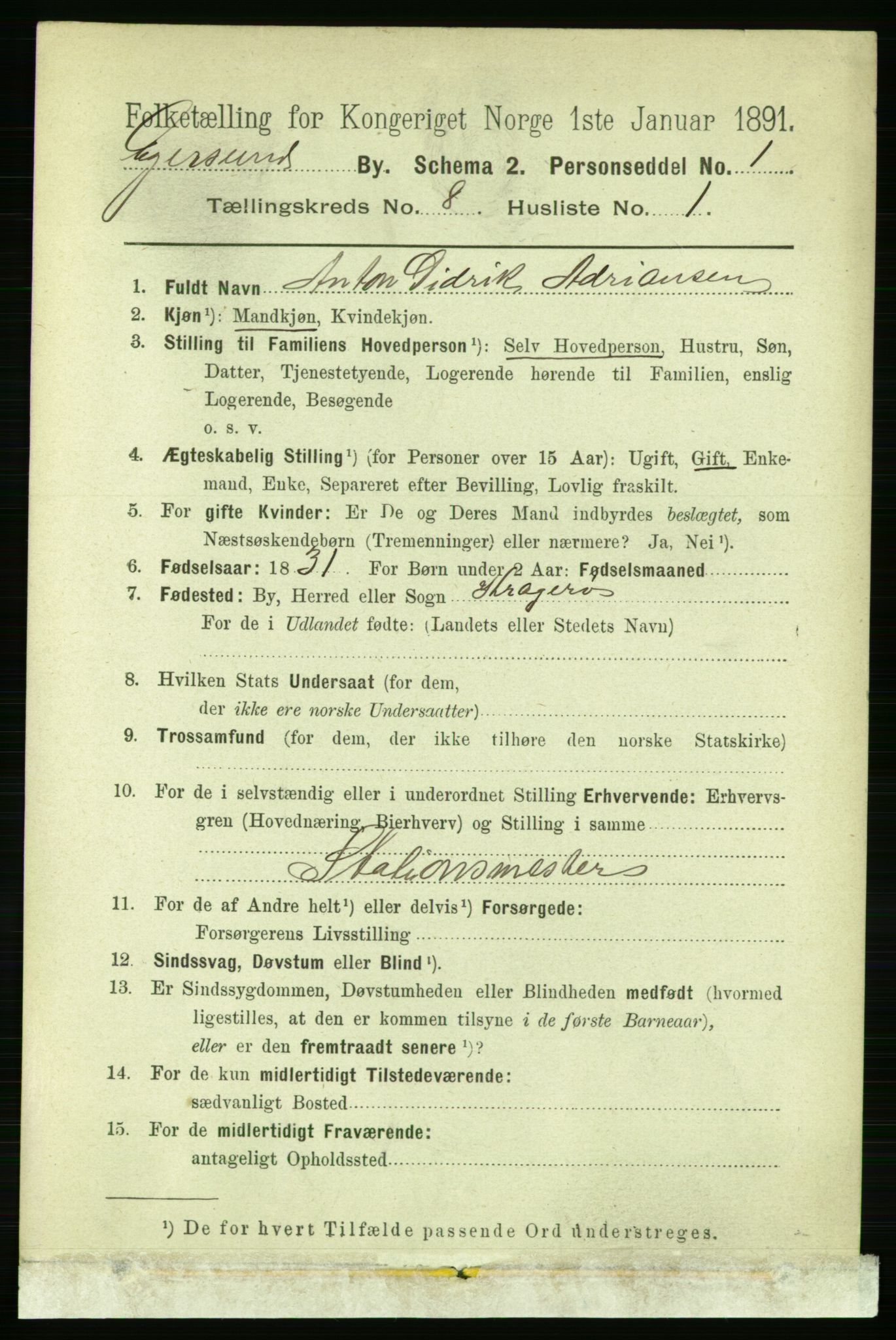 RA, 1891 census for 1101 Egersund, 1891, p. 1382