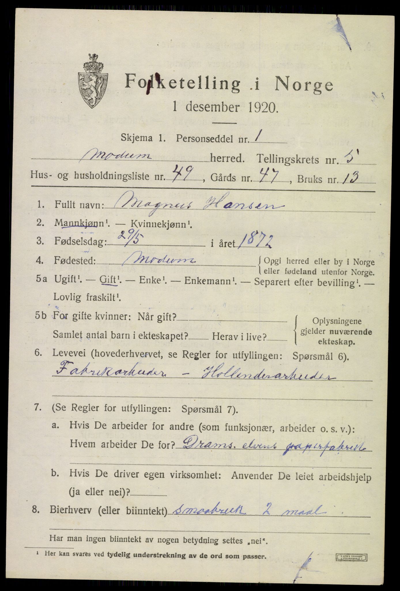 SAKO, 1920 census for Modum, 1920, p. 7073