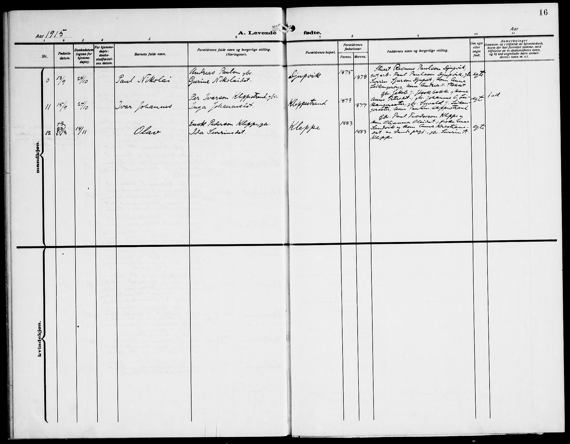 Ministerialprotokoller, klokkerbøker og fødselsregistre - Møre og Romsdal, AV/SAT-A-1454/508/L0096: Parish register (official) no. 508A03, 1911-1920, p. 16