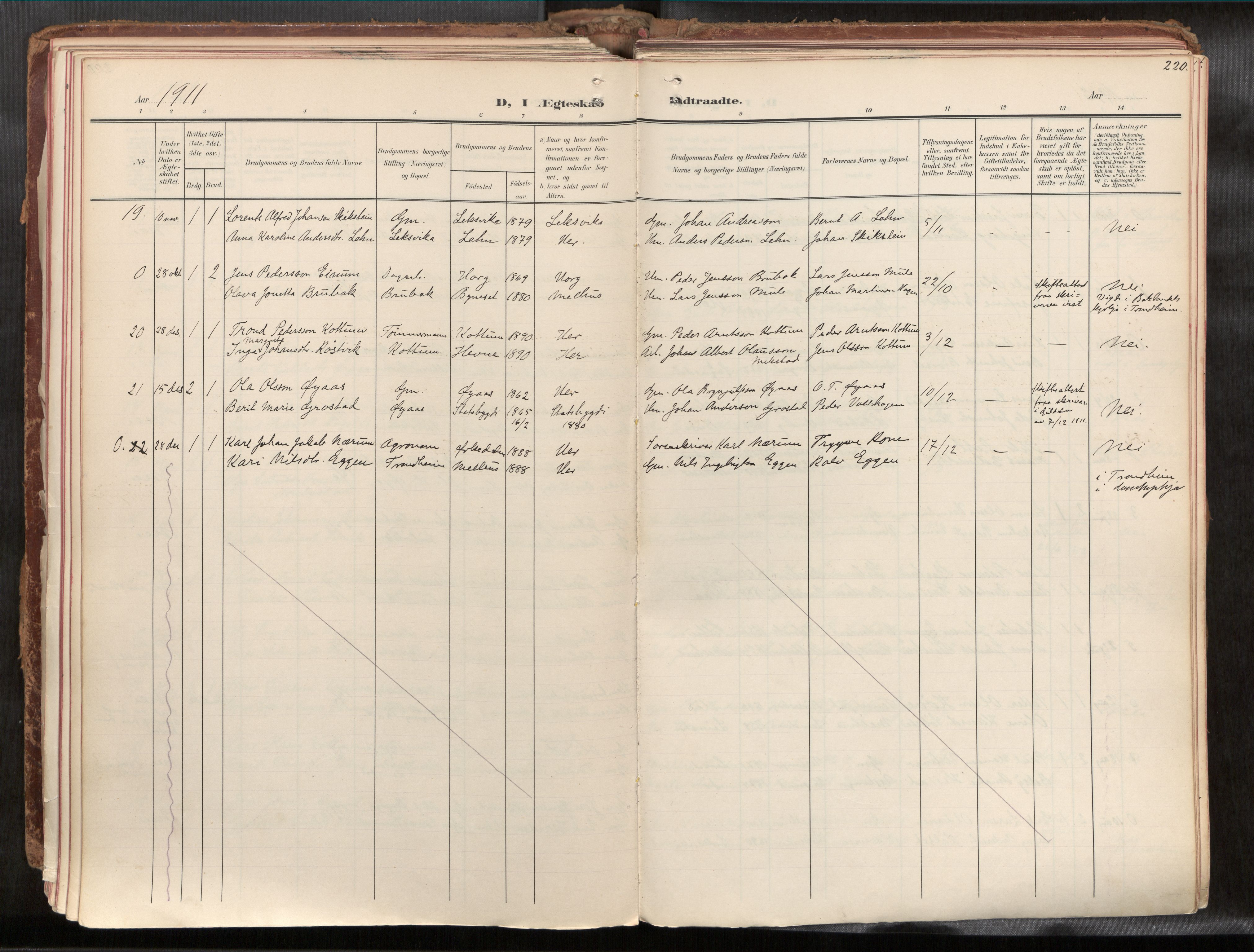 Ministerialprotokoller, klokkerbøker og fødselsregistre - Sør-Trøndelag, SAT/A-1456/691/L1085b: Parish register (official) no. 691A18, 1908-1930, p. 220