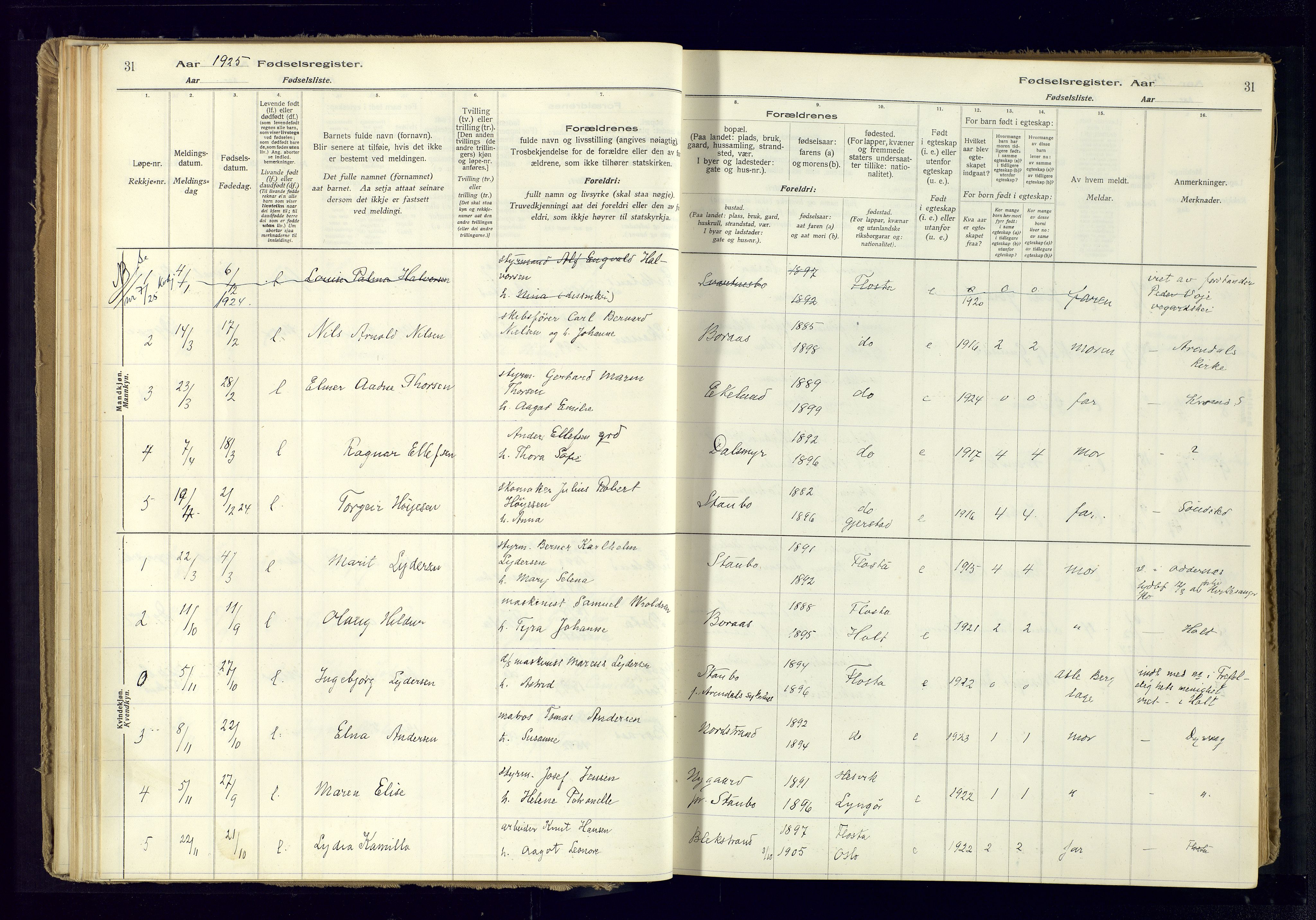 Austre Moland sokneprestkontor, SAK/1111-0001/J/Ja/L0005: Birth register no. A-VI-29, 1916-1982, p. 31